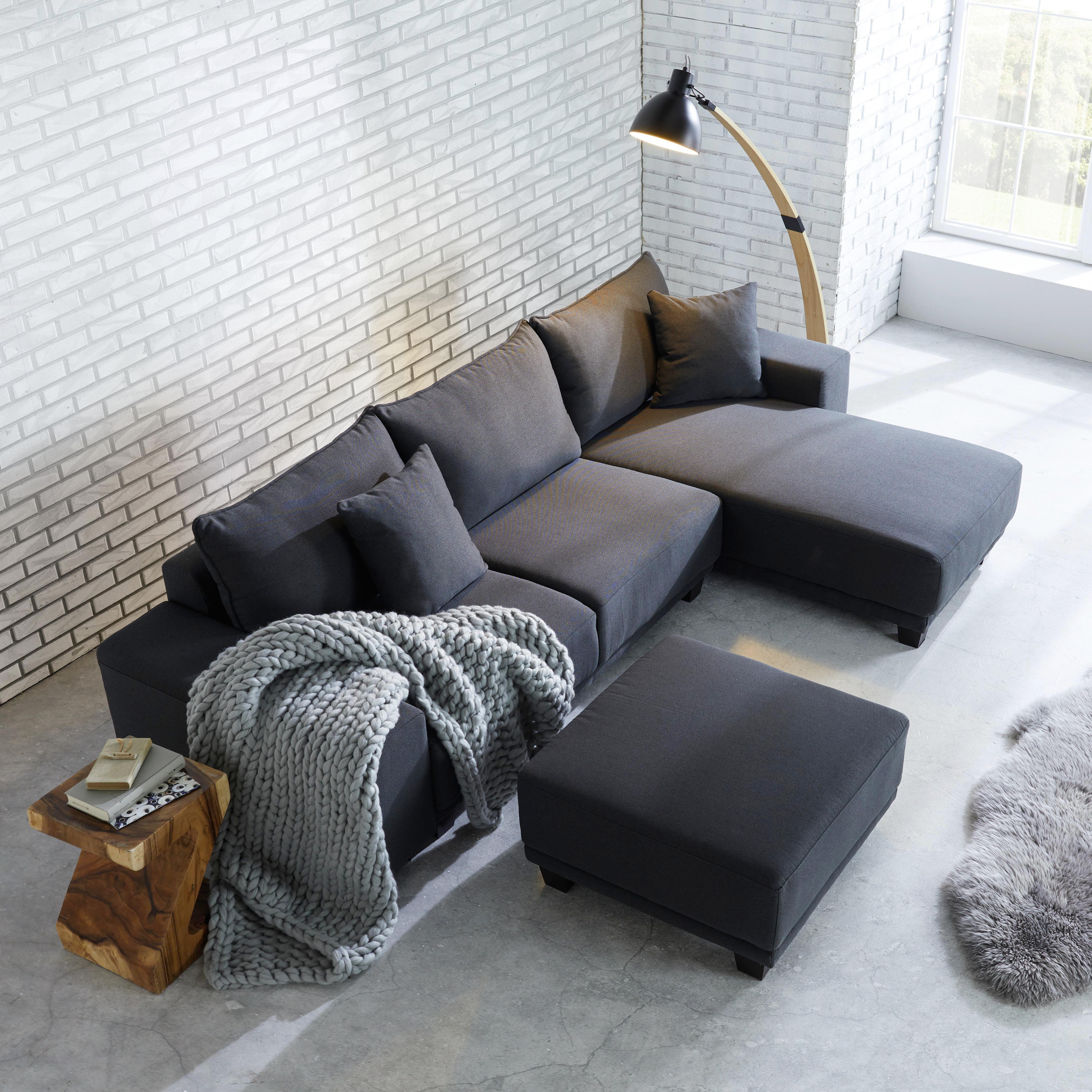 Wohnlandschaft in Grau inkl. Hocker  'Elina' - Grau, MODERN, Holz/Textil (254/153cm) - Bessagi Home