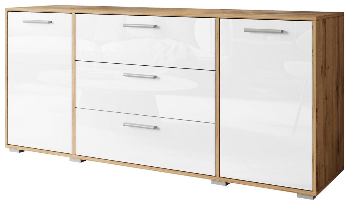 Sideboard Bogota ca. 150x68 cm Eiche/Weiß - Weiß Hochglanz/Eiche Wotan, Basics, Holzwerkstoff/Kunststoff (150/68/40cm) - MID.YOU