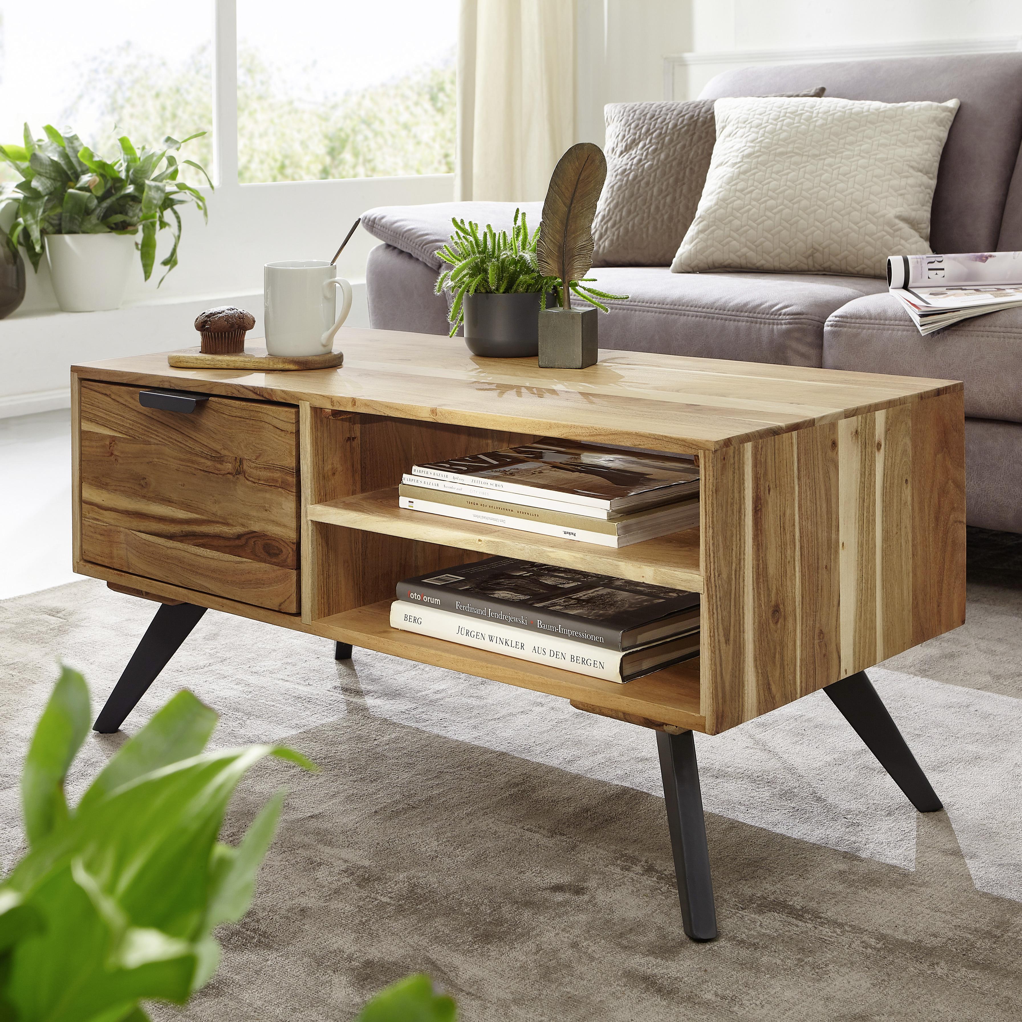 Couchtisch Holz massiv inkl. offenes Fach + Schublade - Naturfarben/Grau, KONVENTIONELL, Holz/Metall (95/45/45cm) - MID.YOU