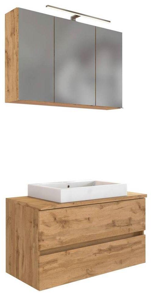 Badezimmer Pienza mit LED 3-türig ca. 100 cm Eiche Wotan - Eiche Wotan/Weiß, MODERN, Keramik/Holzwerkstoff (100cm) - Held