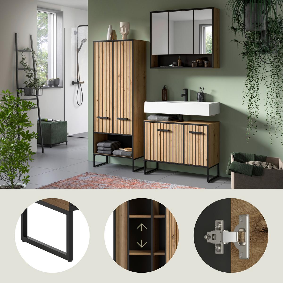 Badezimmer Bagno 3-tlg. Eiche Artisan/Schwarz - Schwarz/Eiche Artisan, Trend, Glas/Holzwerkstoff (139cm) - MID.YOU