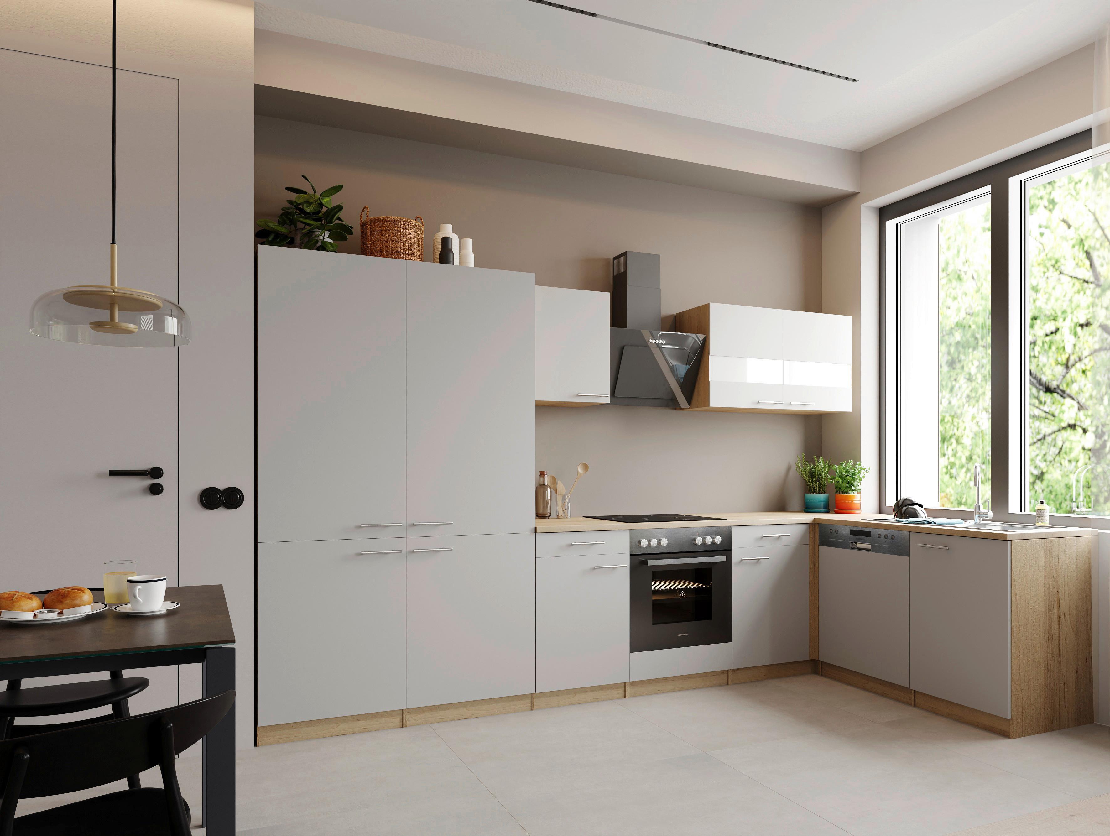 Eckküche Merle m. Geräten ca. 340x172cm Weiß - Edelstahlfarben/Eichefarben, Trend, Holzwerkstoff/Metall (340/172cm) - Respekta