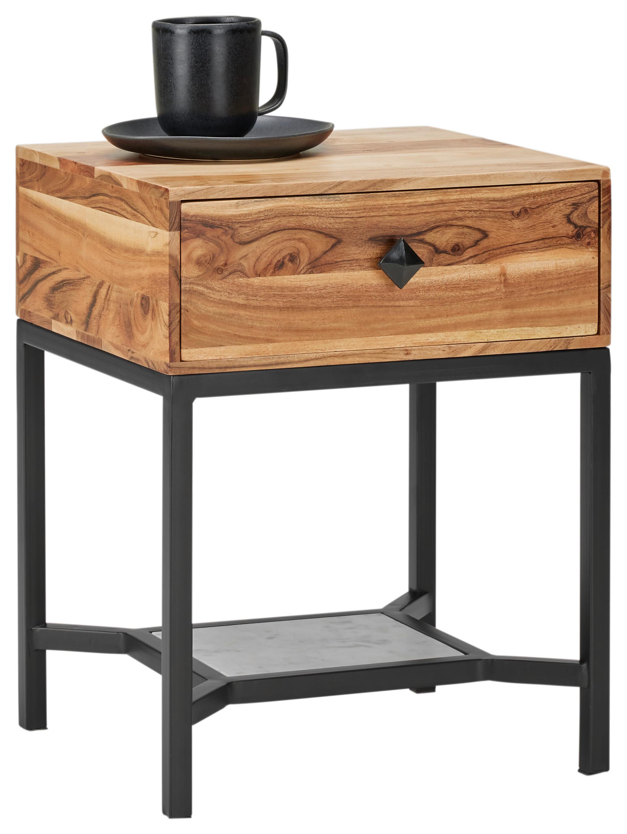 Nachttisch in Akaziefarben - Weiss/Schwarz, Natur, Holz/Stein (40/55/35cm) - Zandiara