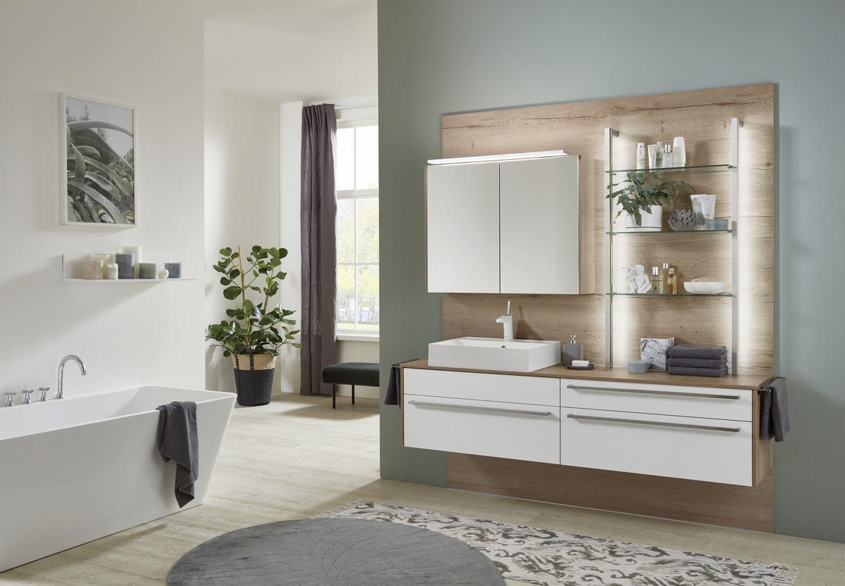 Mobilier de baie la comanda Lars - alb/culoare lemn stejar, Modern, sticlă/piatră (197,8cm) - Celina Home