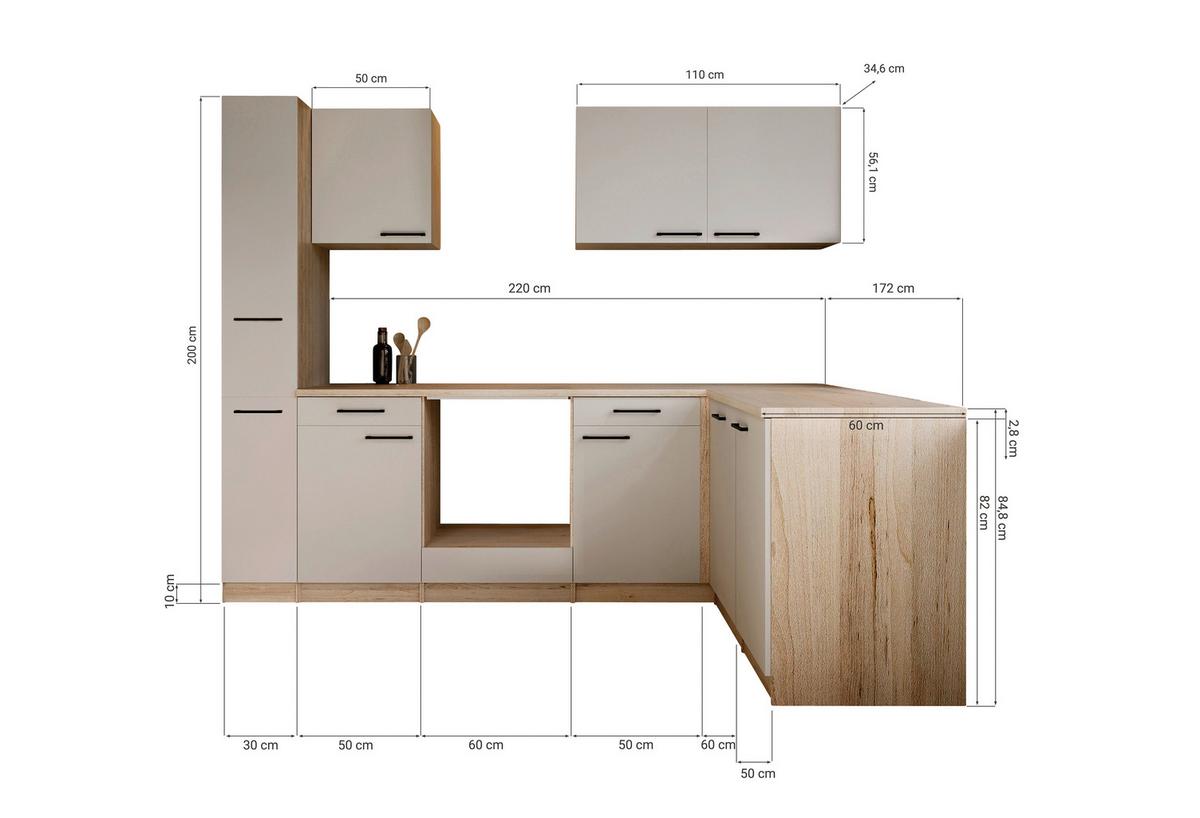 Eckküche Merle o. Geräte ca. 250x172cm Kaschmir - Kaschmir/Eichefarben, Trend, Holzwerkstoff/Metall (250/172cm) - Respekta