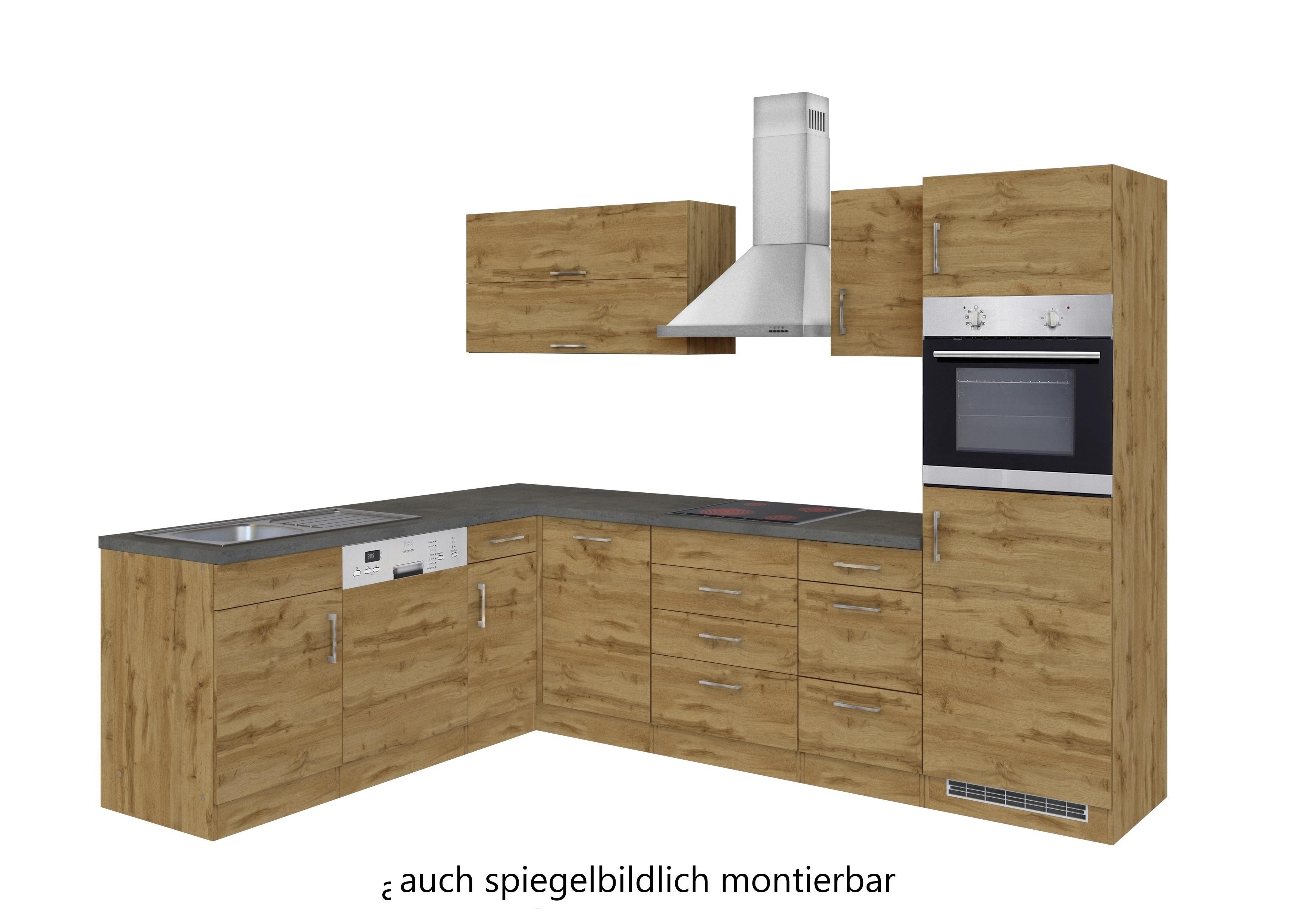 Eckküche Winkelblock mit Geräten ca. 210x270 cm Eiche - Chromfarben/Schieferfarben, MODERN, Holzwerkstoff/Metall (210/270cm) - Held