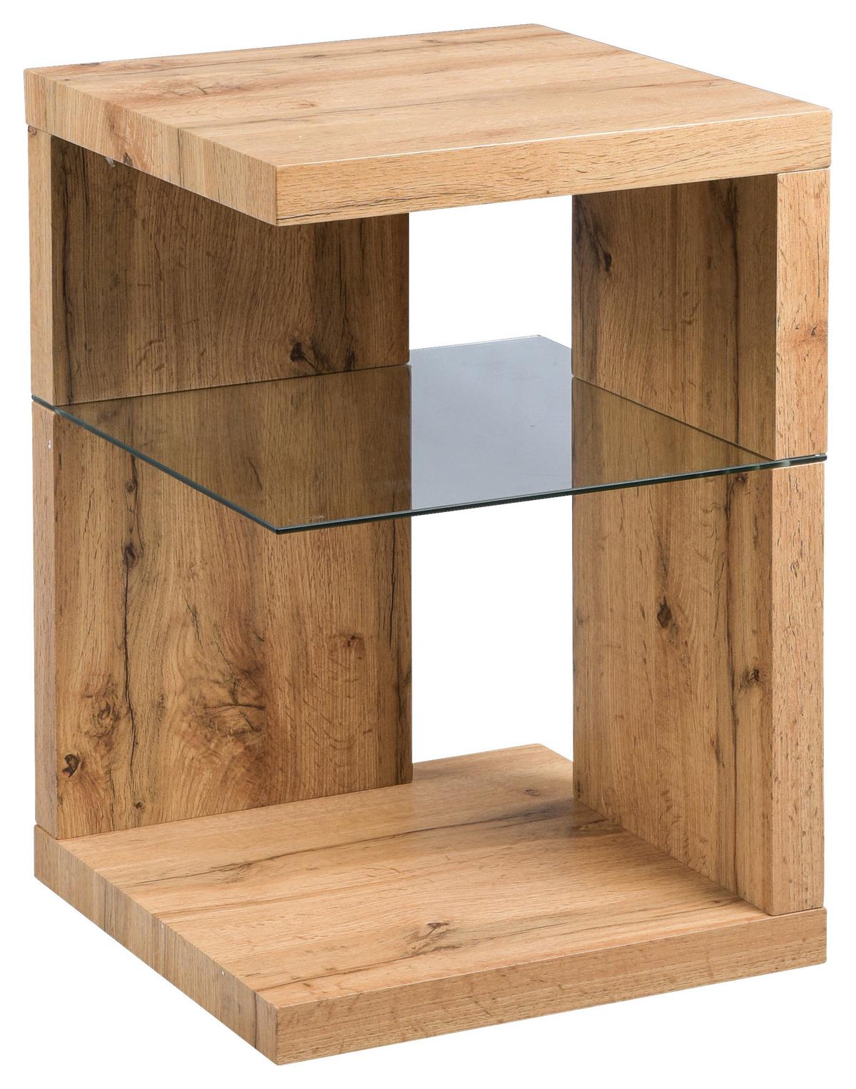 STOLIK BOCZNY DOMINGO - kolor dębowy, Basics, materiał drewnopochodny/szkło (40/40/60cm) - Xora