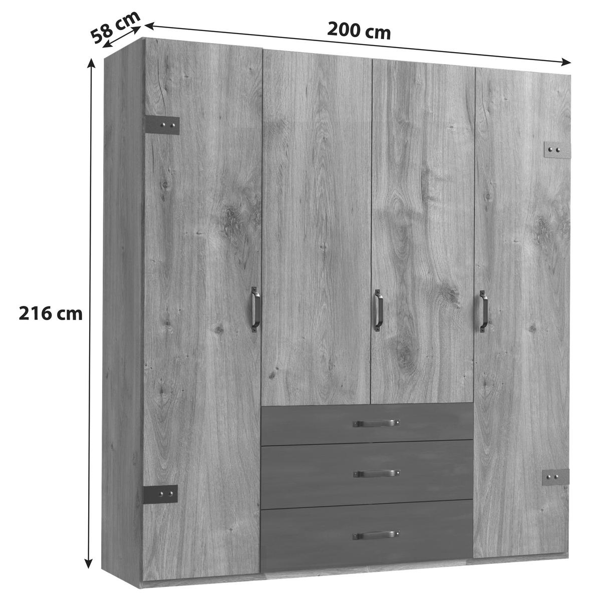 Ormar S Klasičnim Vratima Detroit - boje grafita/srebrne boje, Basics, drvni materijal/metal (200/216/58cm) - Modern Living
