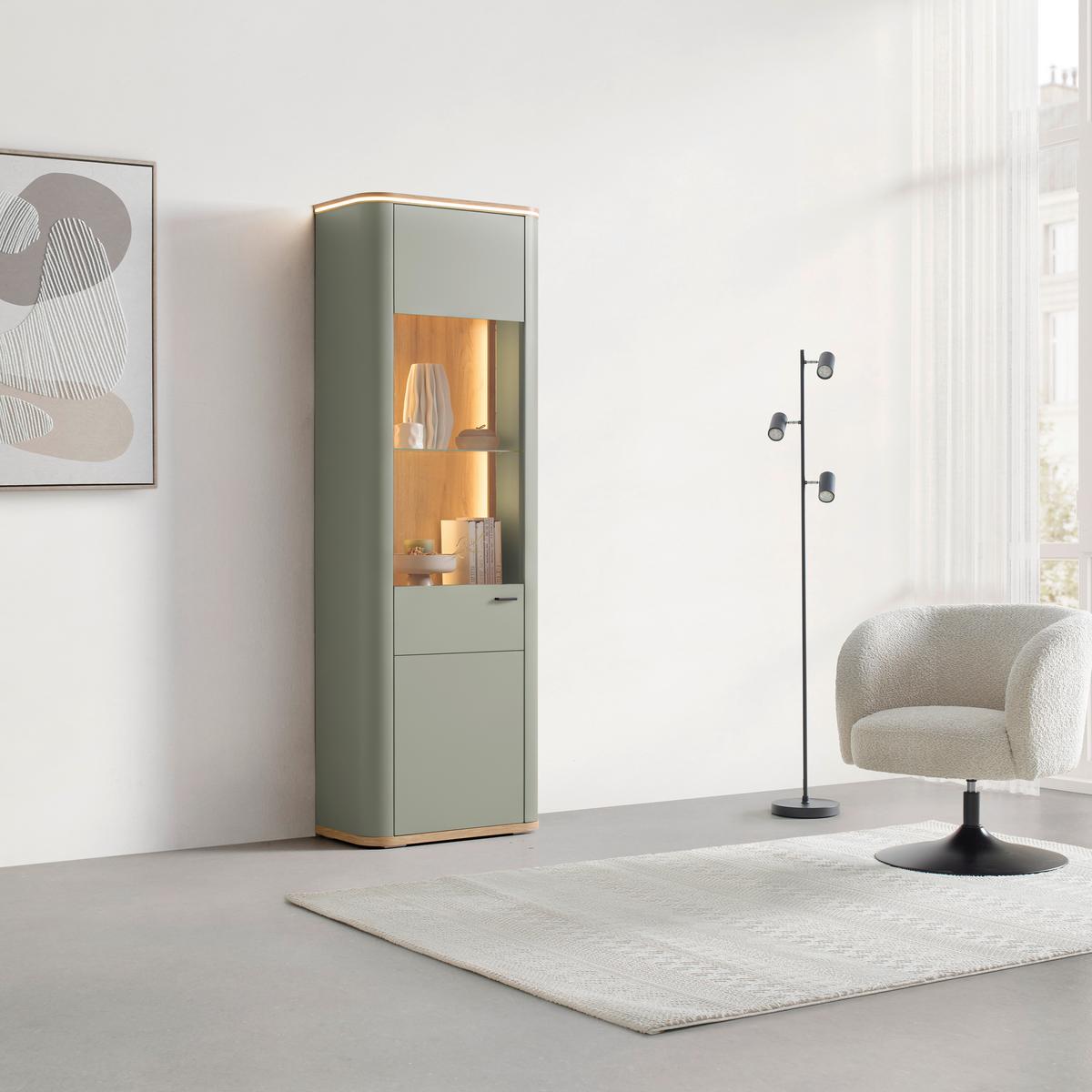 Vitrine Lagos Salbeigrün/Eiche Artisan - Salbeigrün/Anthrazit, Modern, Glas/Holzwerkstoff (69,2/209,5/37,5cm) - Premium Living