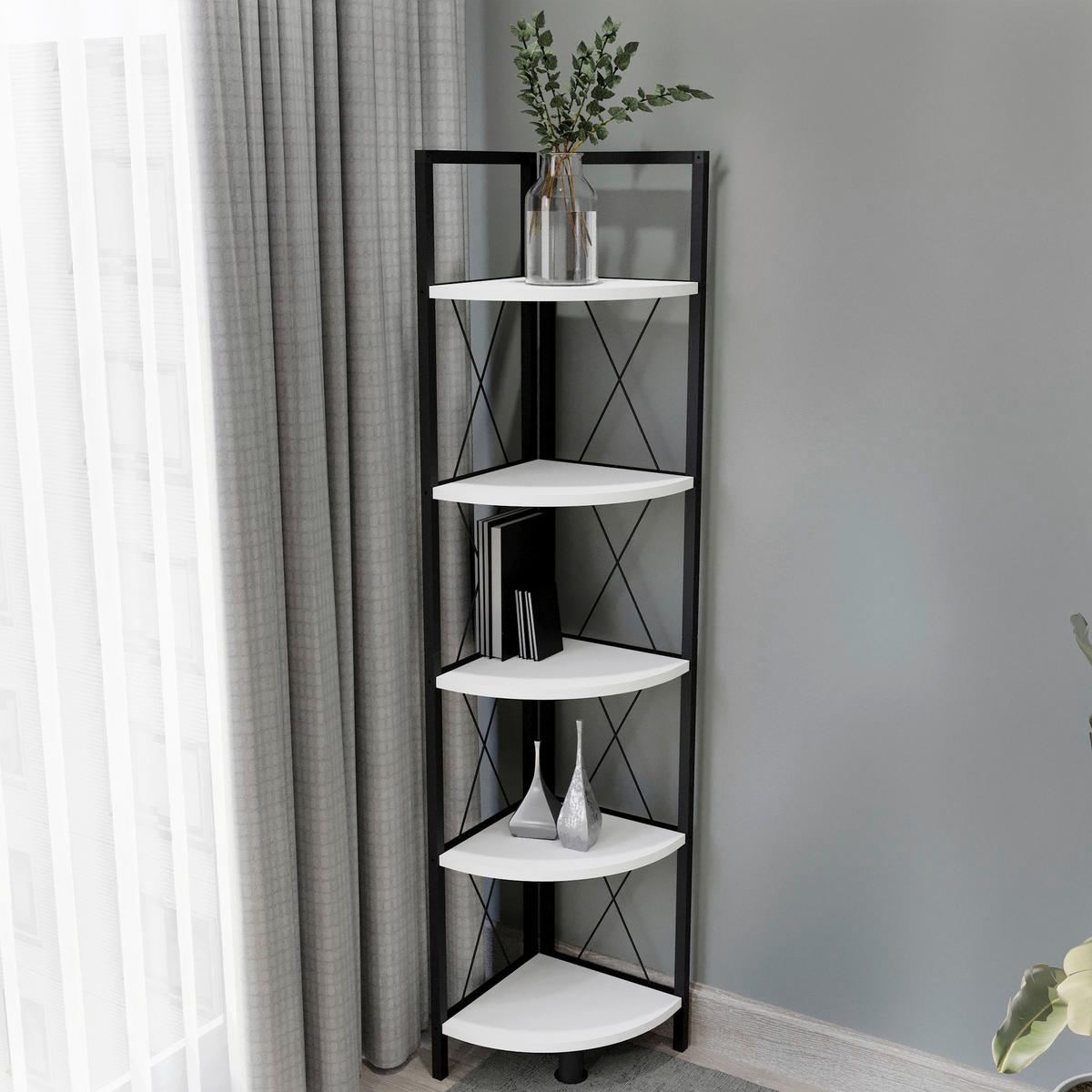 ÉTAGÈRE D'ANGLE INSASI 5 ECKREGAL - noir/blanc, Design, métal/matériau de bois (34/160/34cm) - MID.YOU