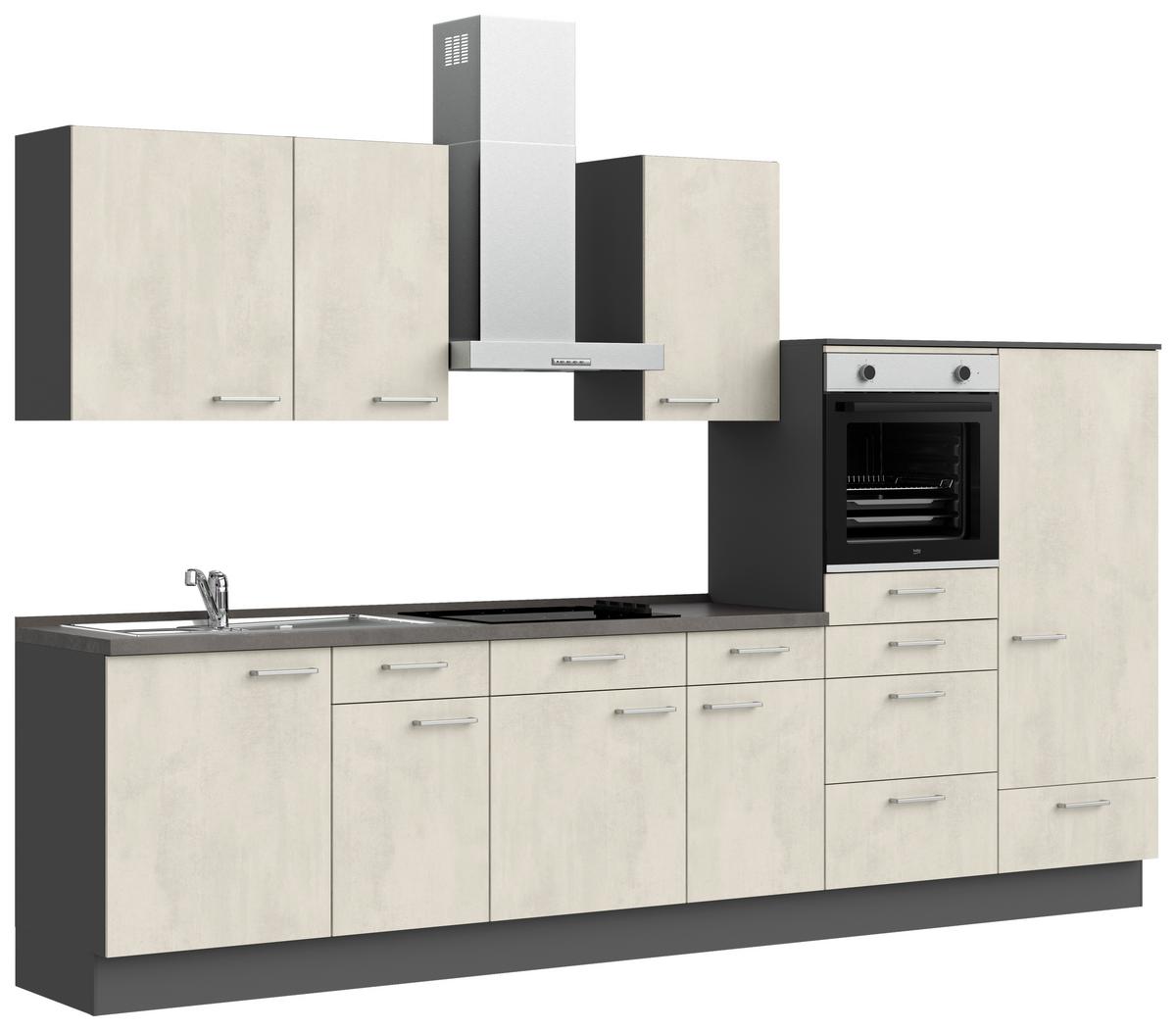 Küchenblock Riva Low m. Geräten Weiß - Schieferfarben/Edelstahlfarben, MODERN, Holzwerkstoff/Metall (330cm) - Nobilia