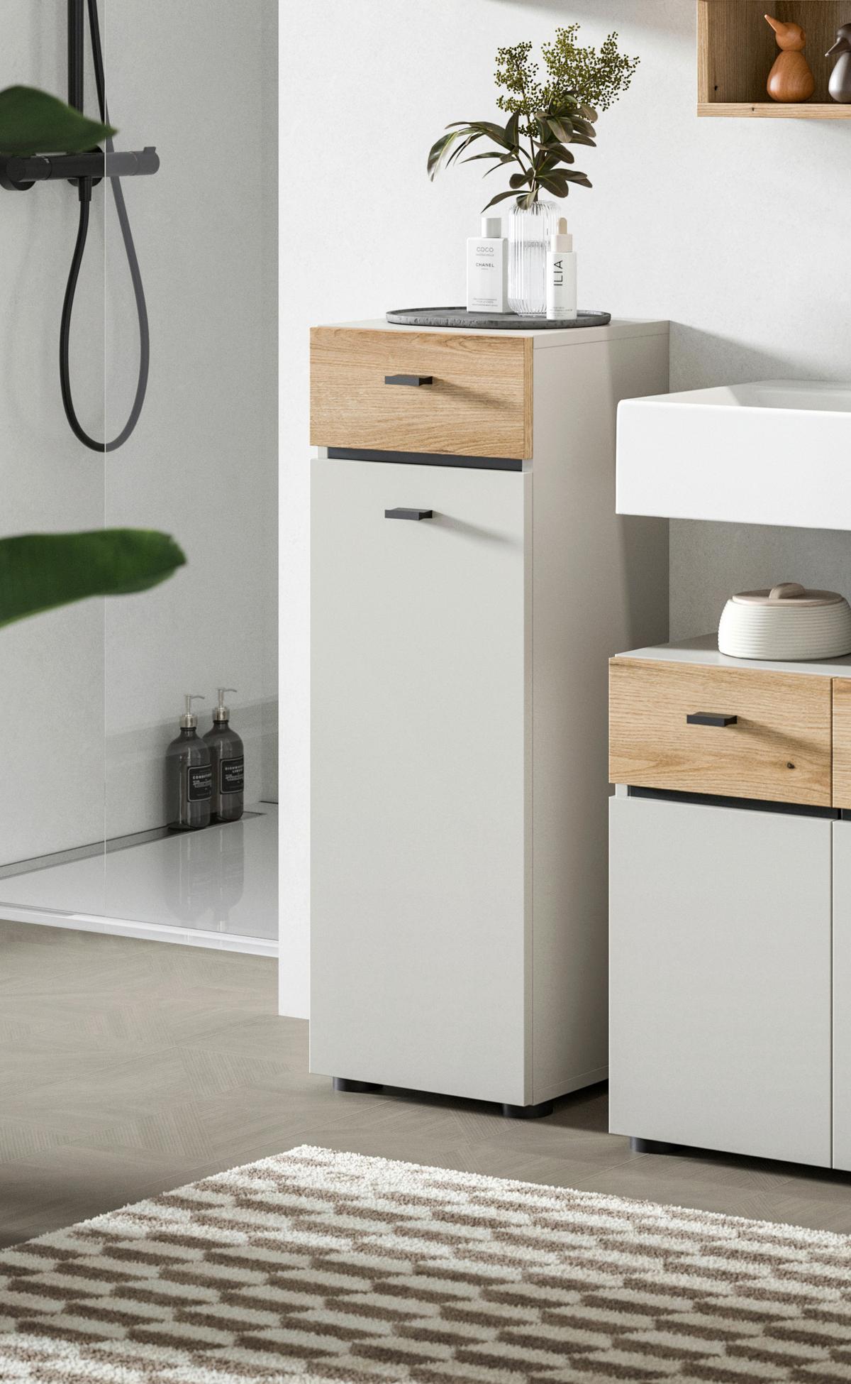 Midischrank Aqua Kaschmir - Kaschmir/Eichefarben, Trend, Holzwerkstoff/Kunststoff (32/91/30cm) - MID.YOU