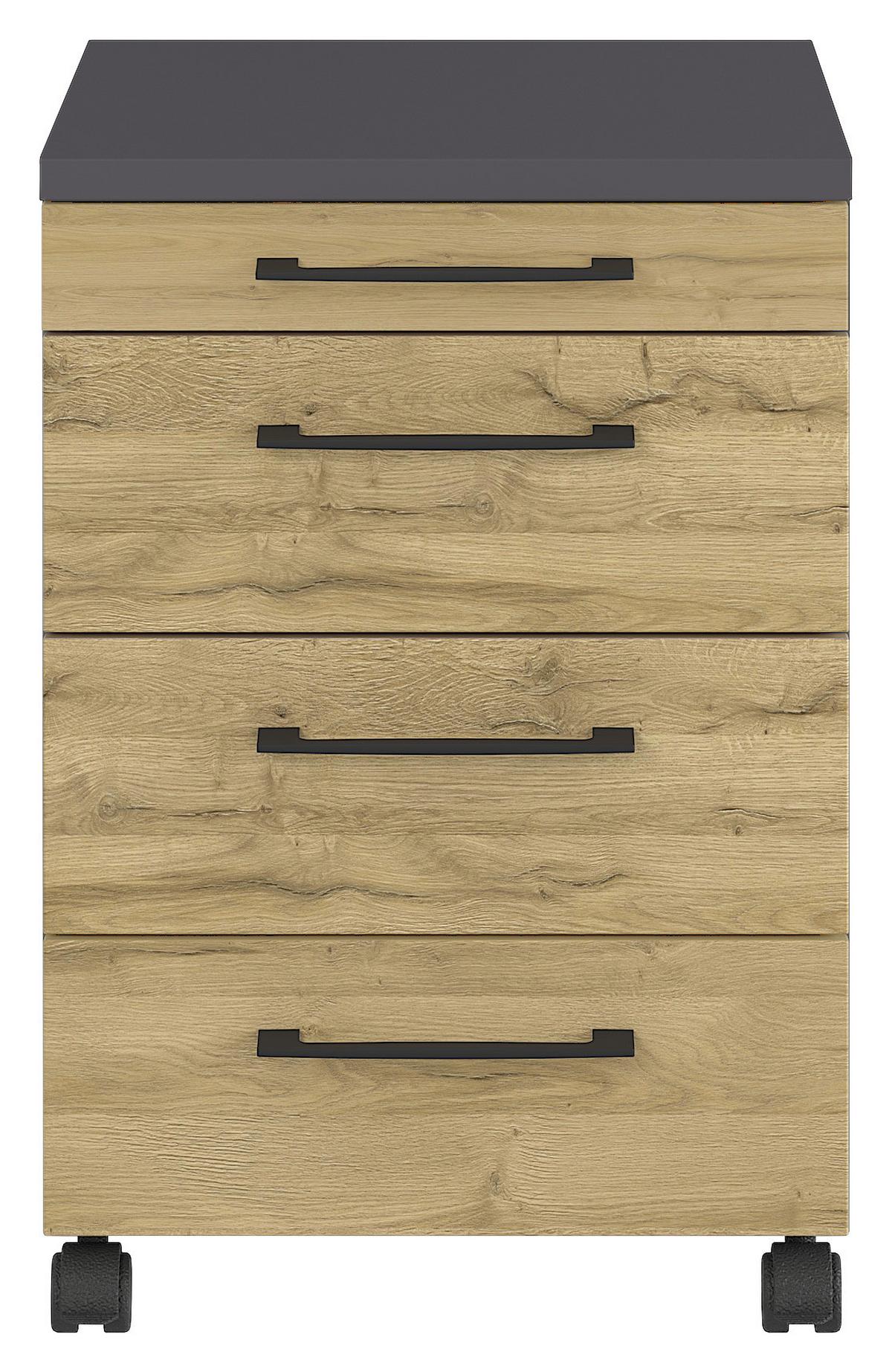 ROLLCONTAINER GW-PROFI 2.0 - Eichefarben/Schwarz, KONVENTIONELL, Holzwerkstoff/Kunststoff (42/61/49cm) - Germania