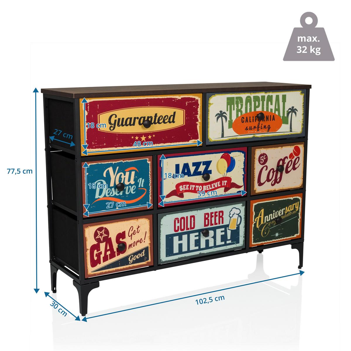 Komoda Ameriko B, Večbarvno - črna/večbarvno, Moderno, kovina/tekstil (102,5/77,5/30cm) - MID.YOU