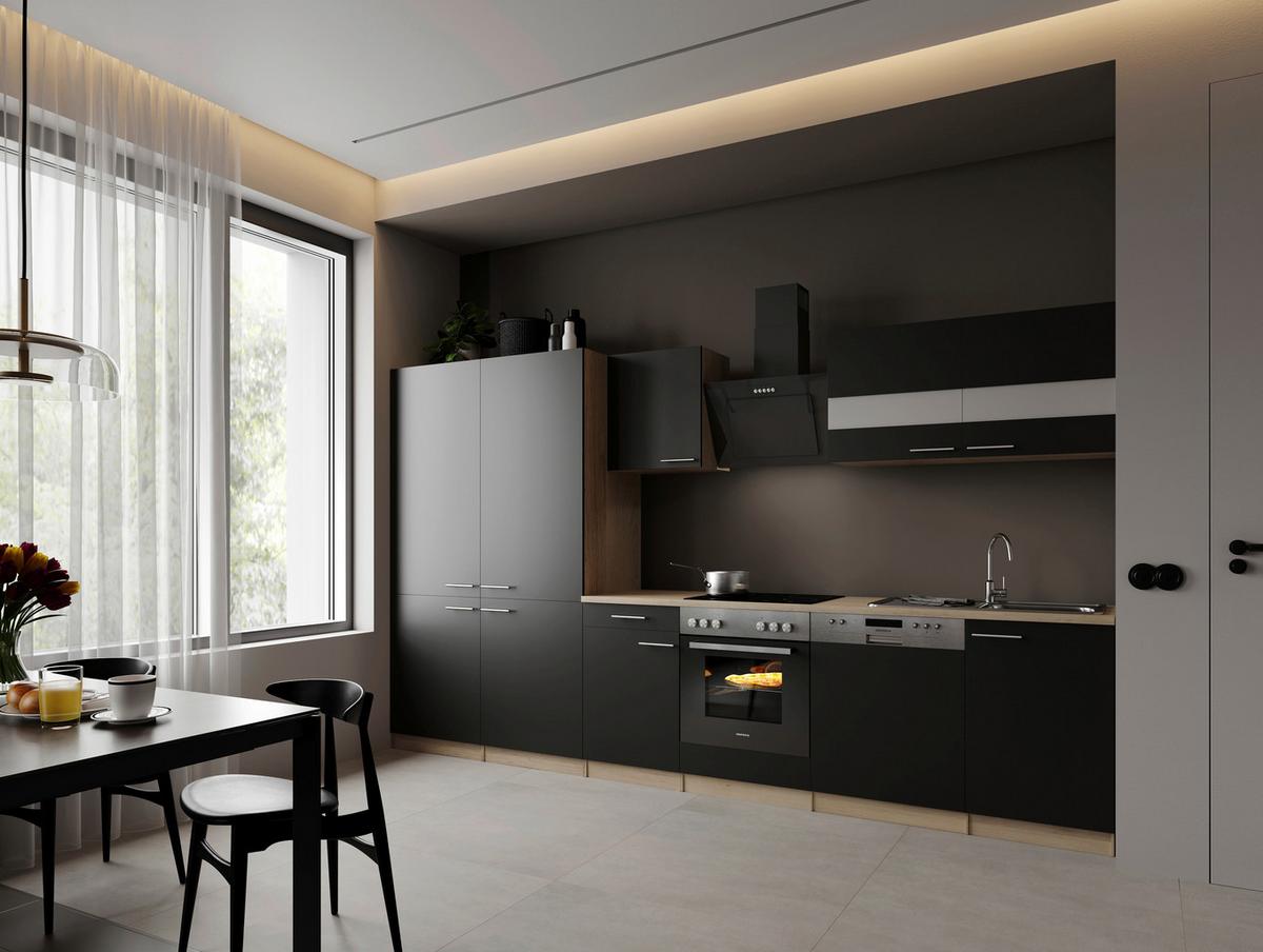 Küchenblock Merle m. Geräten Schwarz - Edelstahlfarben/Eichefarben, Trend, Holzwerkstoff/Metall (340cm) - Respekta