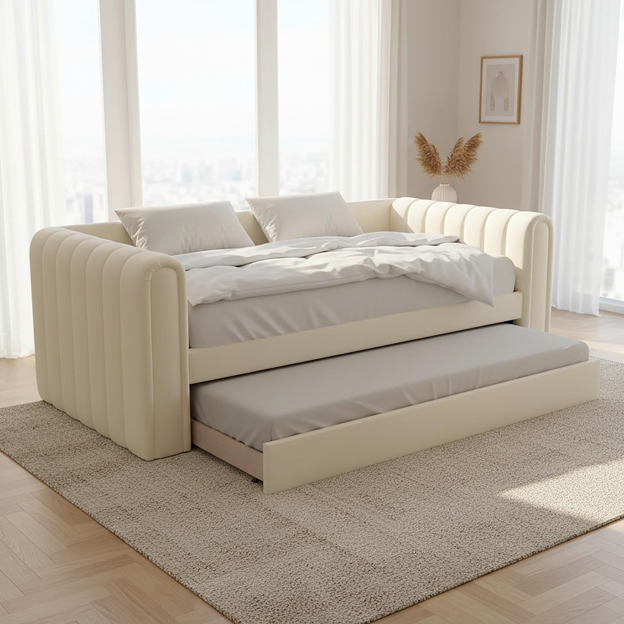 Kihúzható Ágy Tasha - elefántcsont/világosbarna, Modern, textil/fa (90/200cm) - Bessagi Home