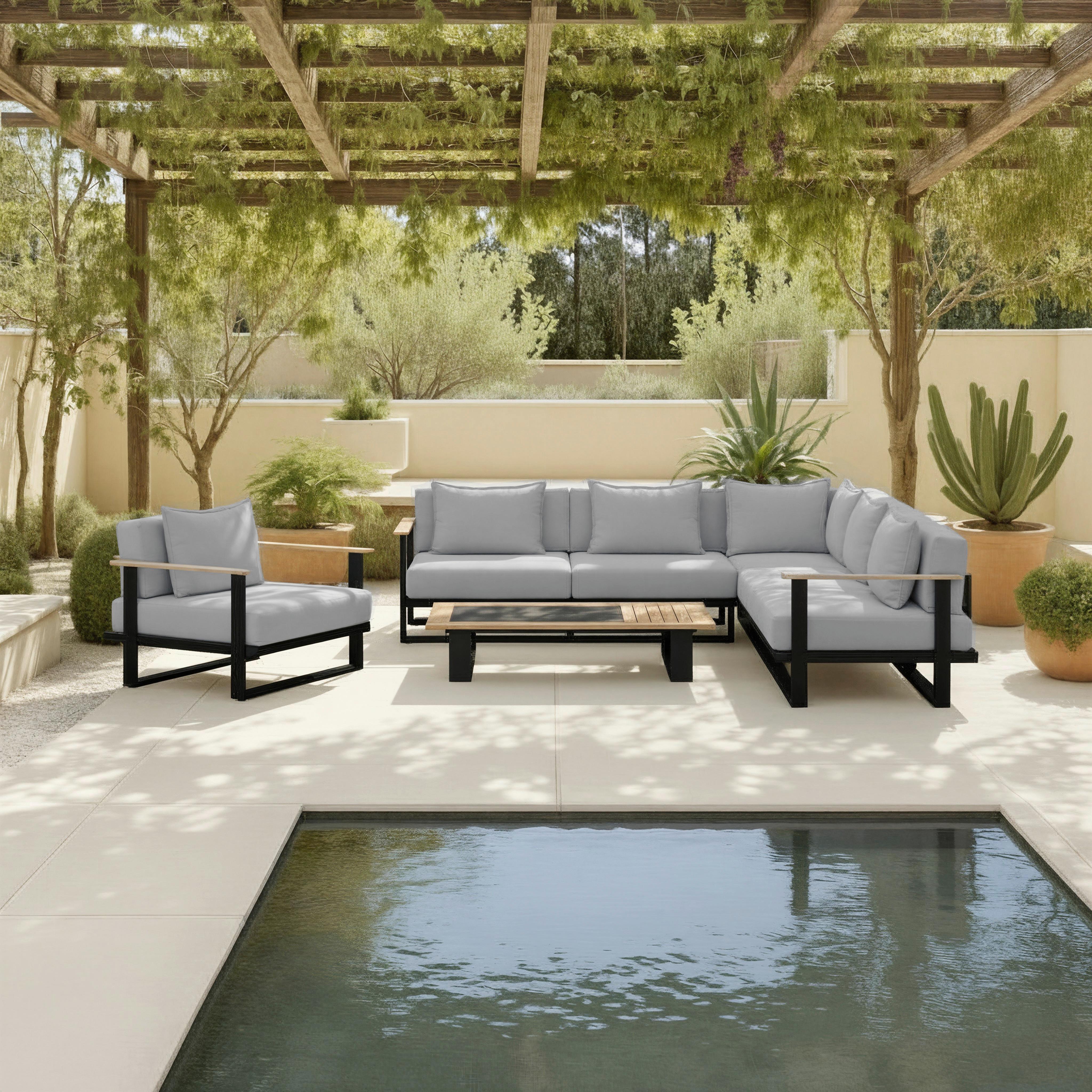 Loungegarnitur Fabrizia Grau Outdoorstoff/Metall/Holz - Grau, MODERN, Holz/Textil - Bessagi Garden