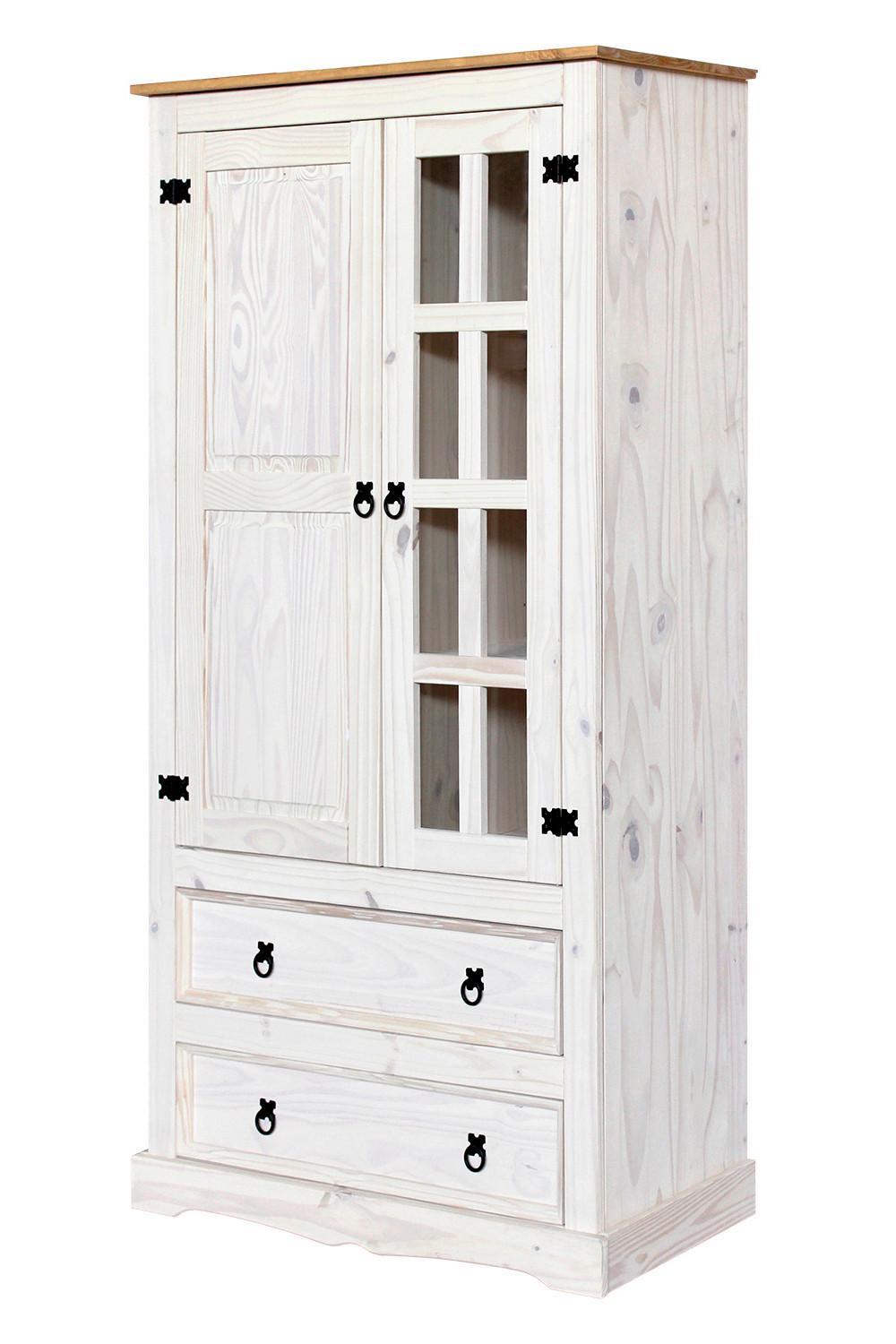 Vitrine Kiefer Weiß Weiß, 2-türig - Klar/Schwarz, Natur, Glas/Holz (100/190/41cm) - Livetastic