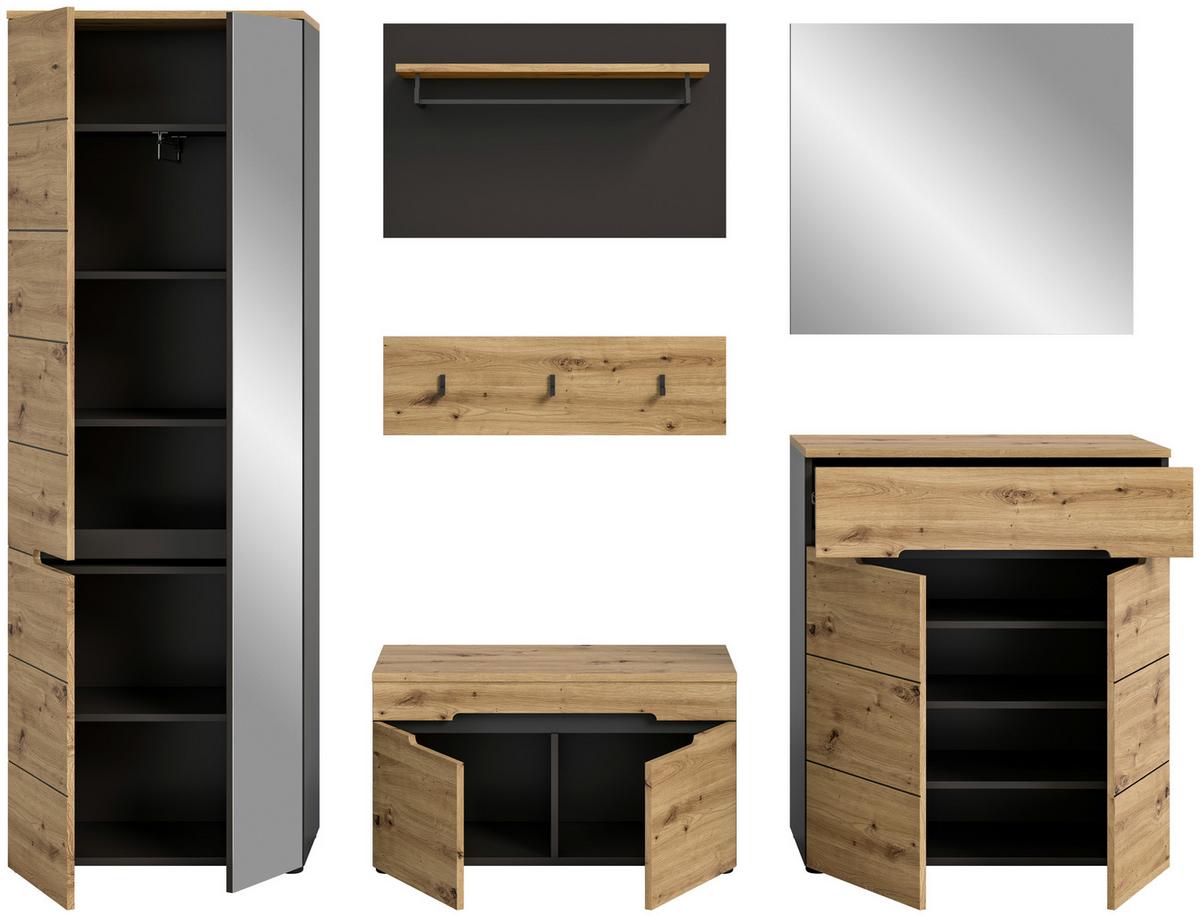 Garderobe Canu 5-teilig ca. 255x190x37cm Eiche Dekor,Grau - KONVENTIONELL, Glas/Holzwerkstoff (255/190/37cm) - MID.YOU