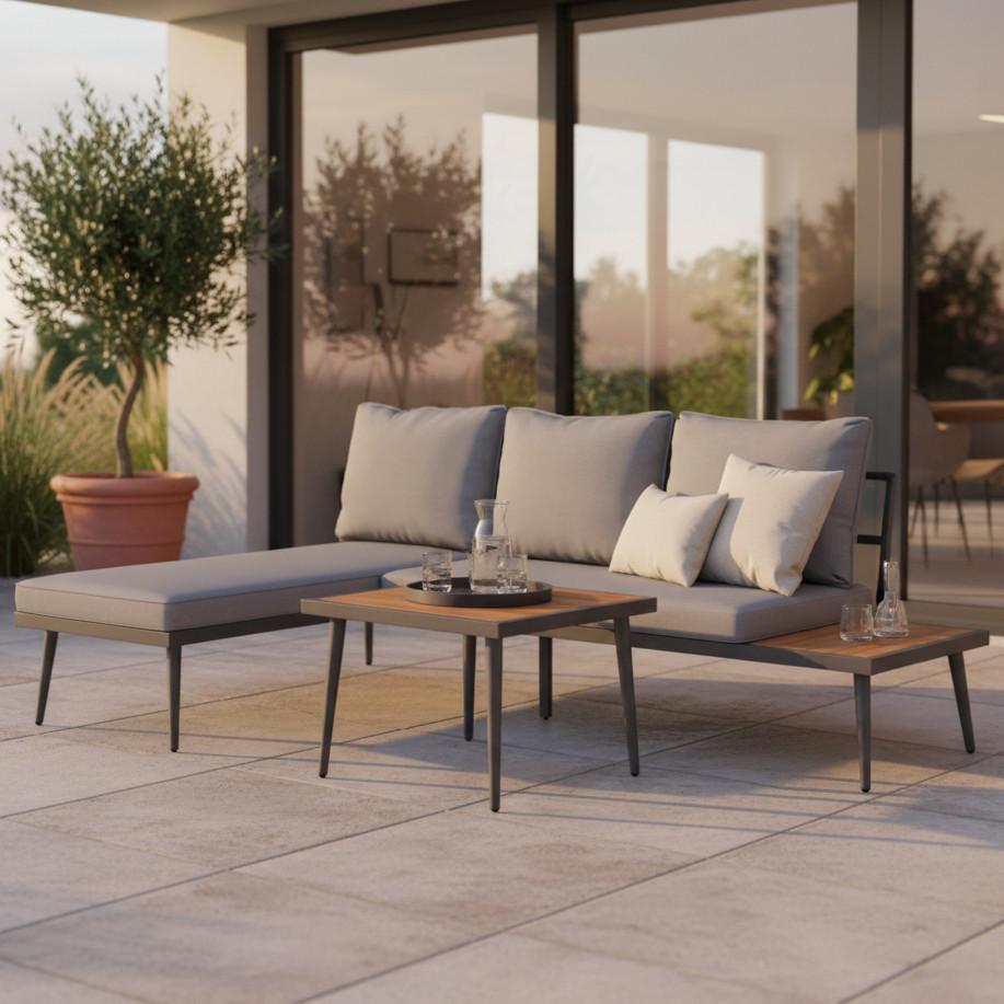 KOMPLET MEBLI TARASOWYCH SALLIE - kolor naturalny/czarny, Modern, metal/drewno (205/76,5/152cm) - Bessagi Garden