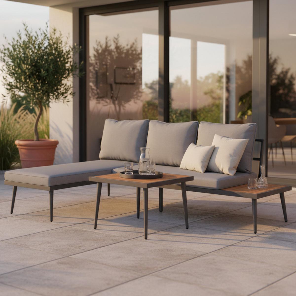 KOMPLET MEBLI TARASOWYCH SALLIE - kolor naturalny/czarny, Modern, metal/drewno (205/76,5/152cm) - Bessagi Garden