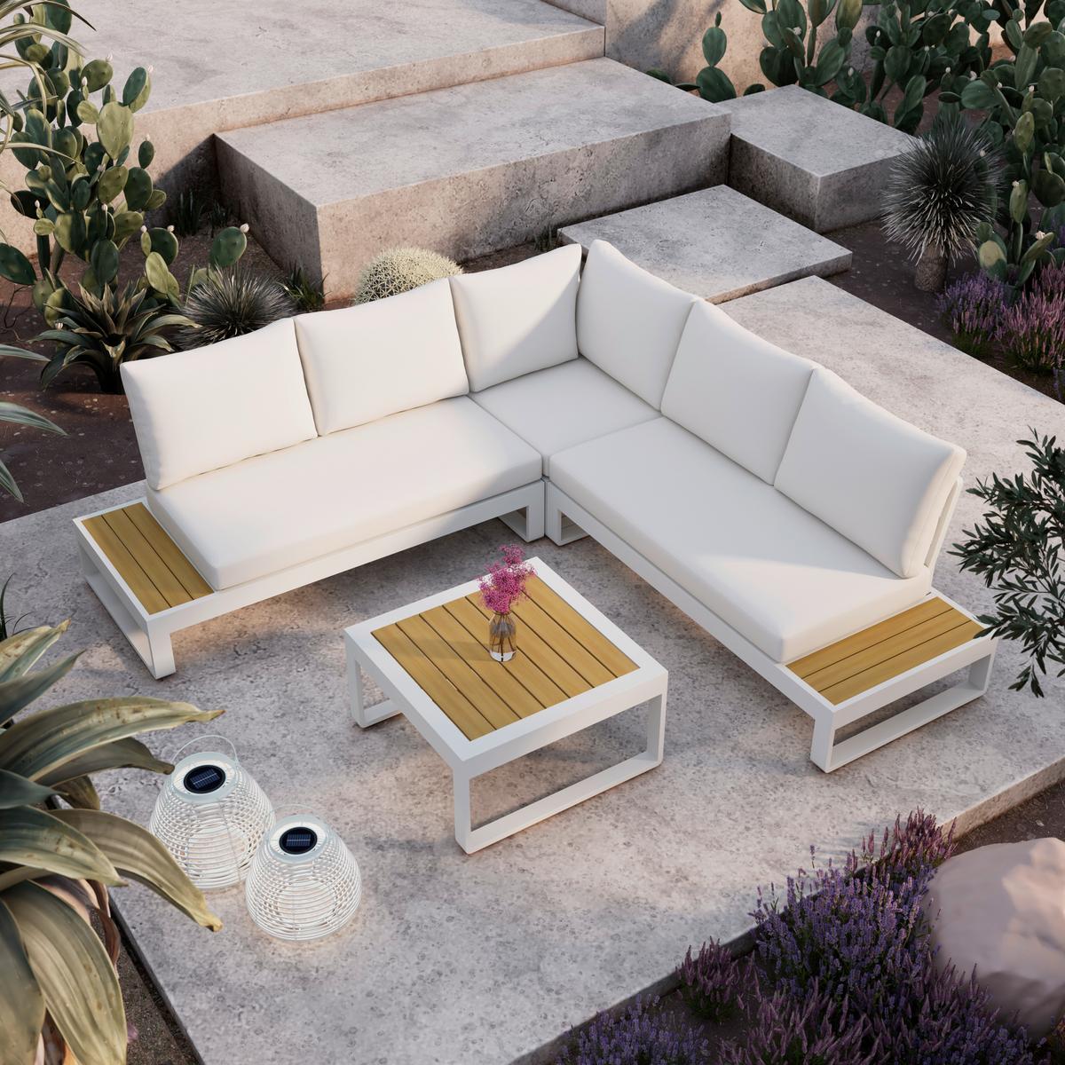 Loungegarnitur Marijana Metall /Outdoorstoff inkl. Abdeckung - Creme/Teakfarben, MODERN, Kunststoff/Textil (235/68/73cm) - Bessagi Garden