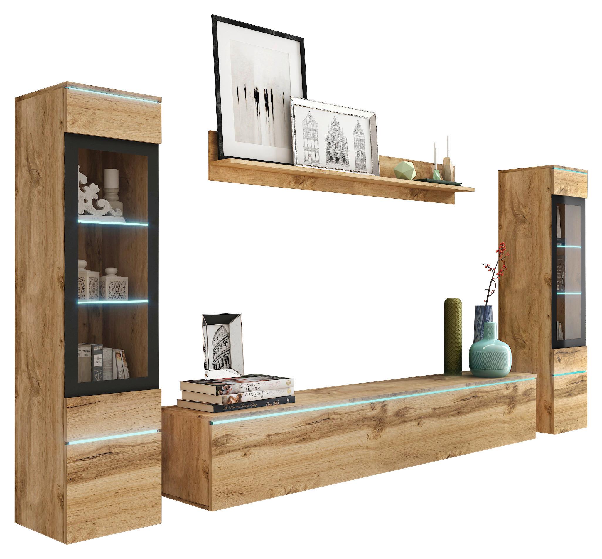 Wohnwand Vera ca.240x130x33cm Eiche Wotan mit LED - Eiche Wotan/Grau, LIFESTYLE, Glas/Holzwerkstoff (240/130/33cm) - P & B