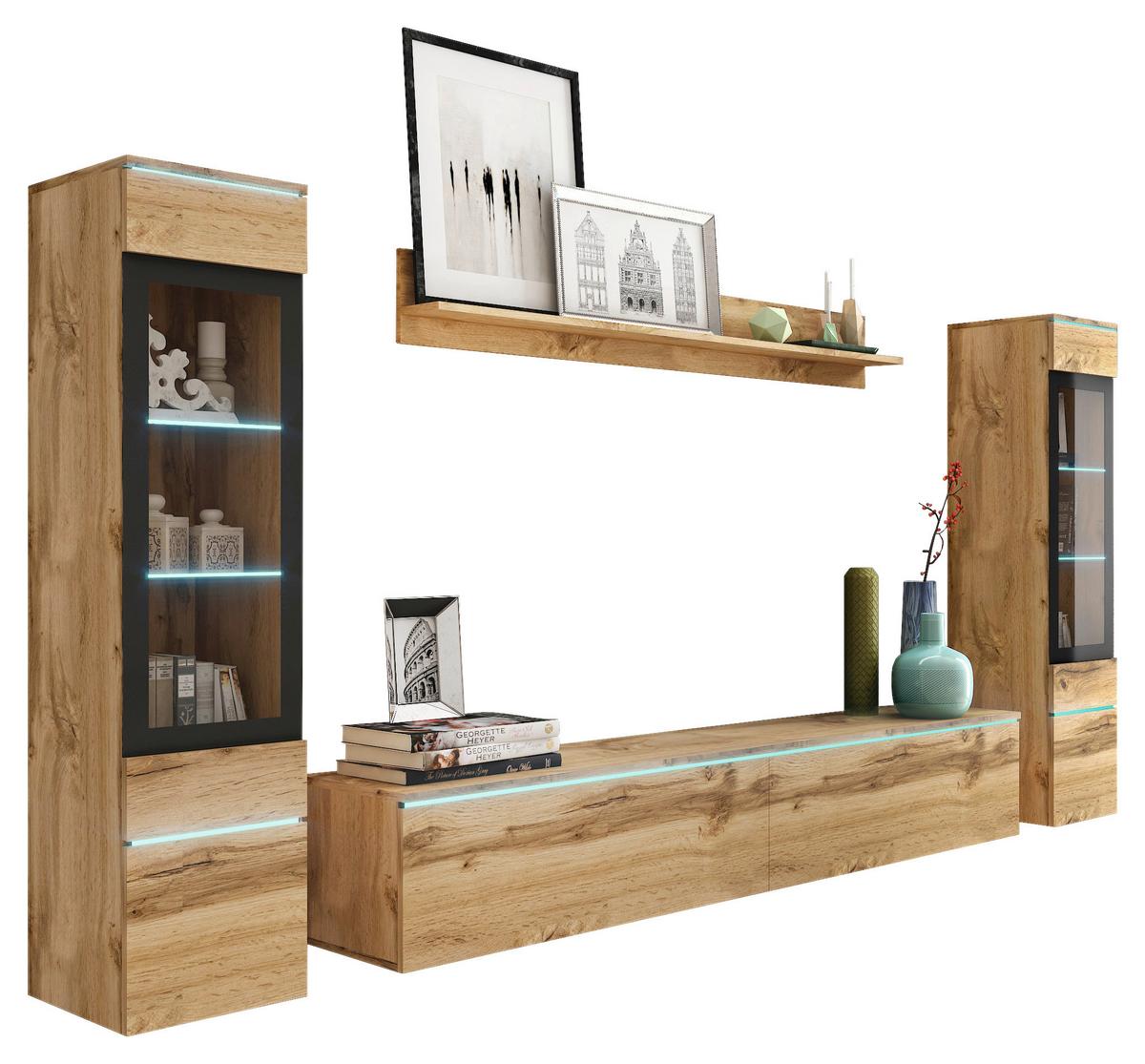 Wohnwand Vera ca.240x130x33cm Eiche Wotan mit LED - Eiche Wotan/Grau, LIFESTYLE, Glas/Holzwerkstoff (240/130/33cm) - P & B
