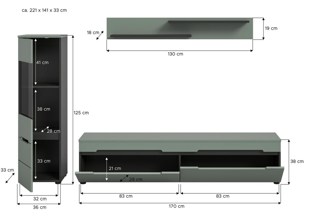 Dnevni Regal Canu, Sivozelena, 3-Delni - črna, Design, umetna masa/leseni material (221/141/33cm) - Livetastic