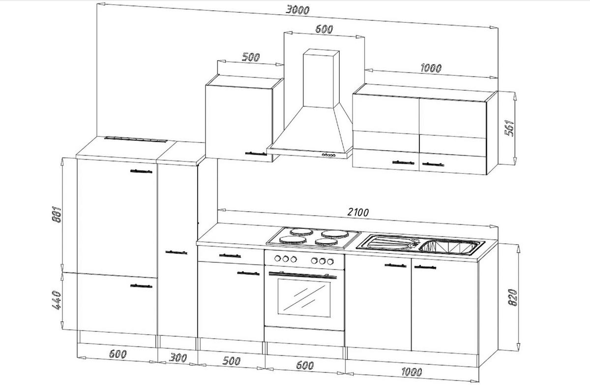 Küchenzeile Economy m. Geräten Schwarz/Nussbaum B: ca. 300 cm - Edelstahlfarben/Nussbaumfarben, Basics, Holzwerkstoff/Metall (300cm) - Respekta