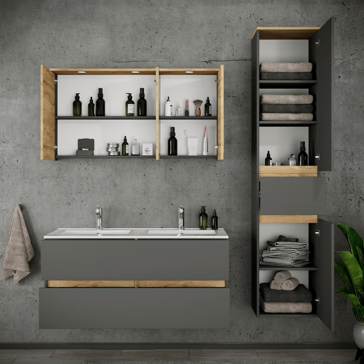Fürdőszobabútor Cosila - méztölgy színű/antracit, Trend, faalapú anyag/kerámia (152cm) - MID.YOU