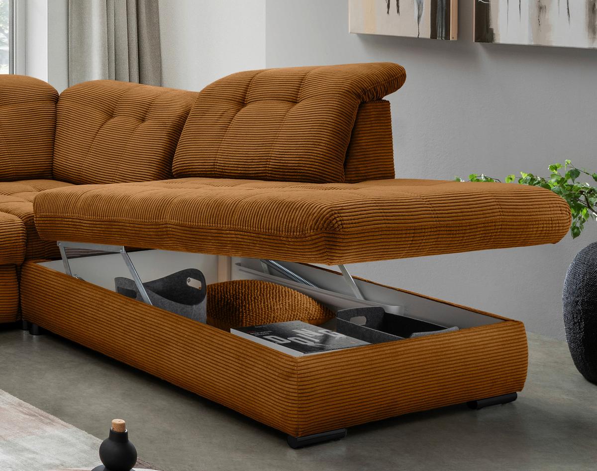 Wohnlandschaft Rigatti Gold Cord mit Bettkasten - Goldfarben/Schwarz, MODERN, Textil/Metall (184/387/252cm) - Livetastic