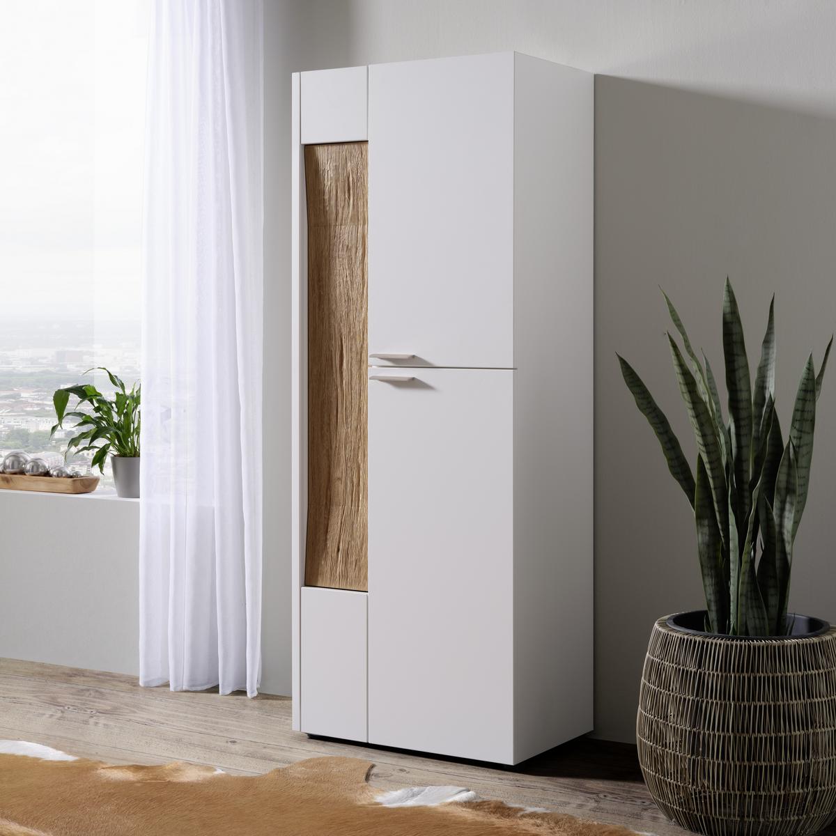 Highboard in Weiss/Eiche Massiv - Weiss/Edelstahlfarben, Modern, Glas/Holz (63/165/40cm) - Premium Living