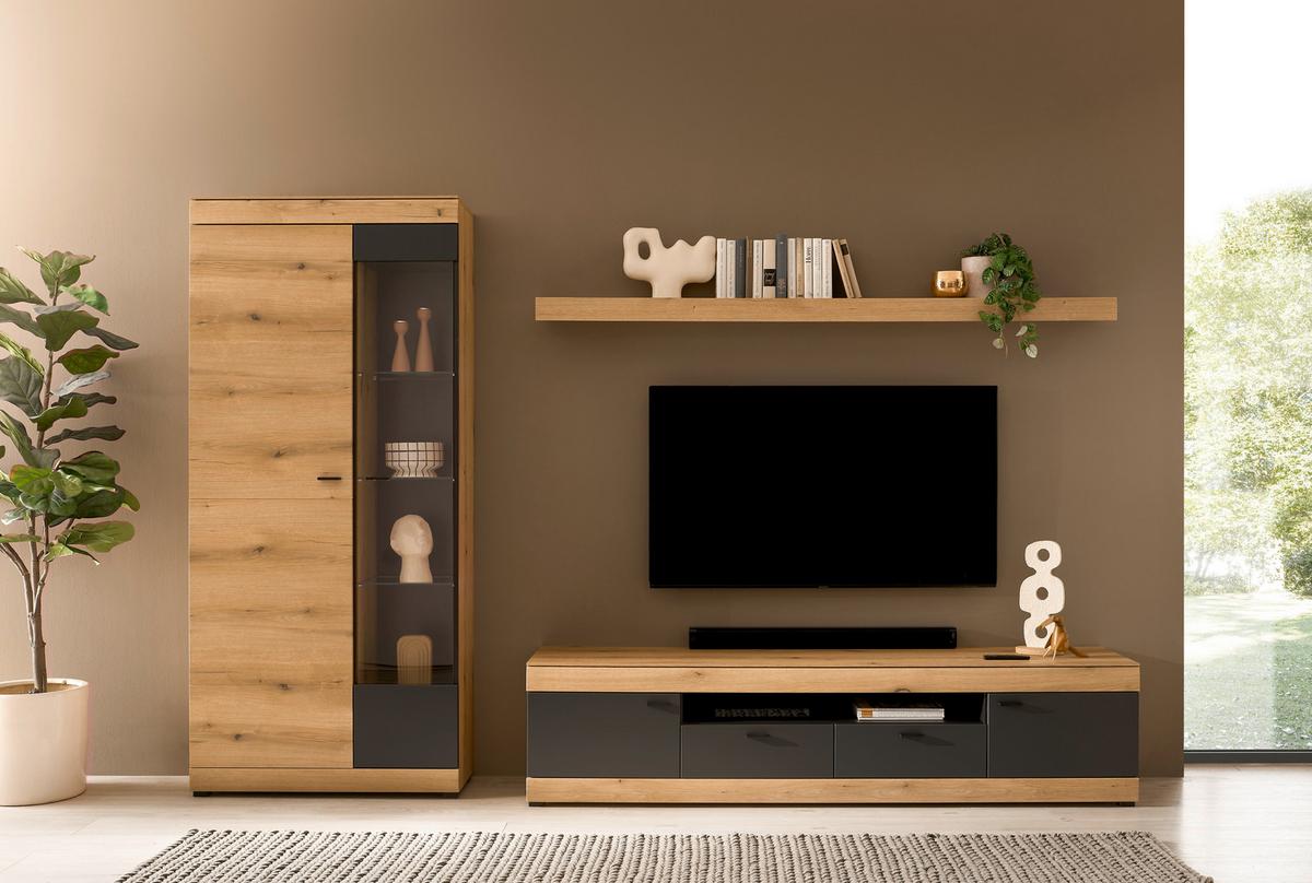 WOHNWAND SOLETO - Eichefarben/Graphitfarben, Design, Glas/Holzwerkstoff (300/201/45cm) - MID.YOU