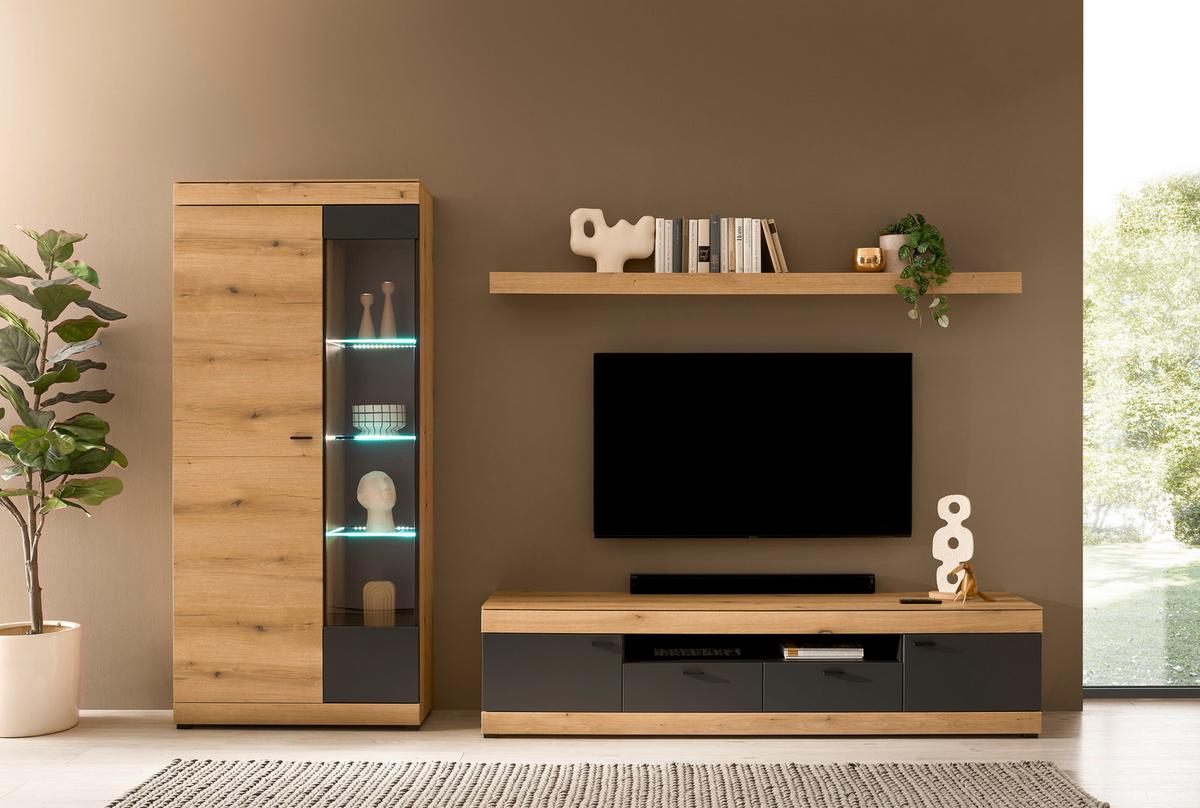 WOHNWAND SOLETO - Eichefarben/Graphitfarben, Design, Glas/Holzwerkstoff (300/201/45cm) - MID.YOU