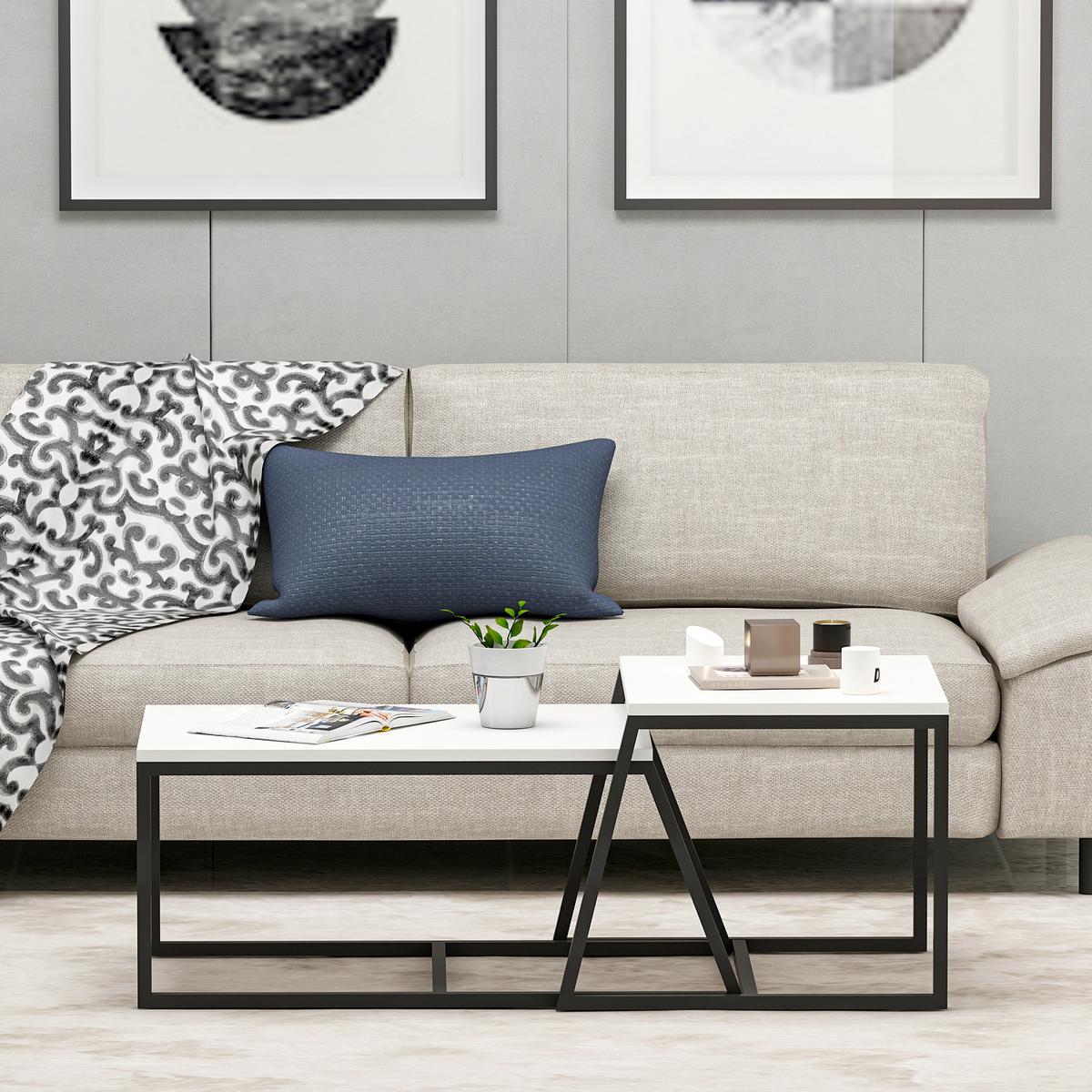 Couchtischset Minimal Couchtisch - Weiss/Schwarz, Design, Holzwerkstoff/Metall (75-55/38-45/50-47cm) - Livetastic