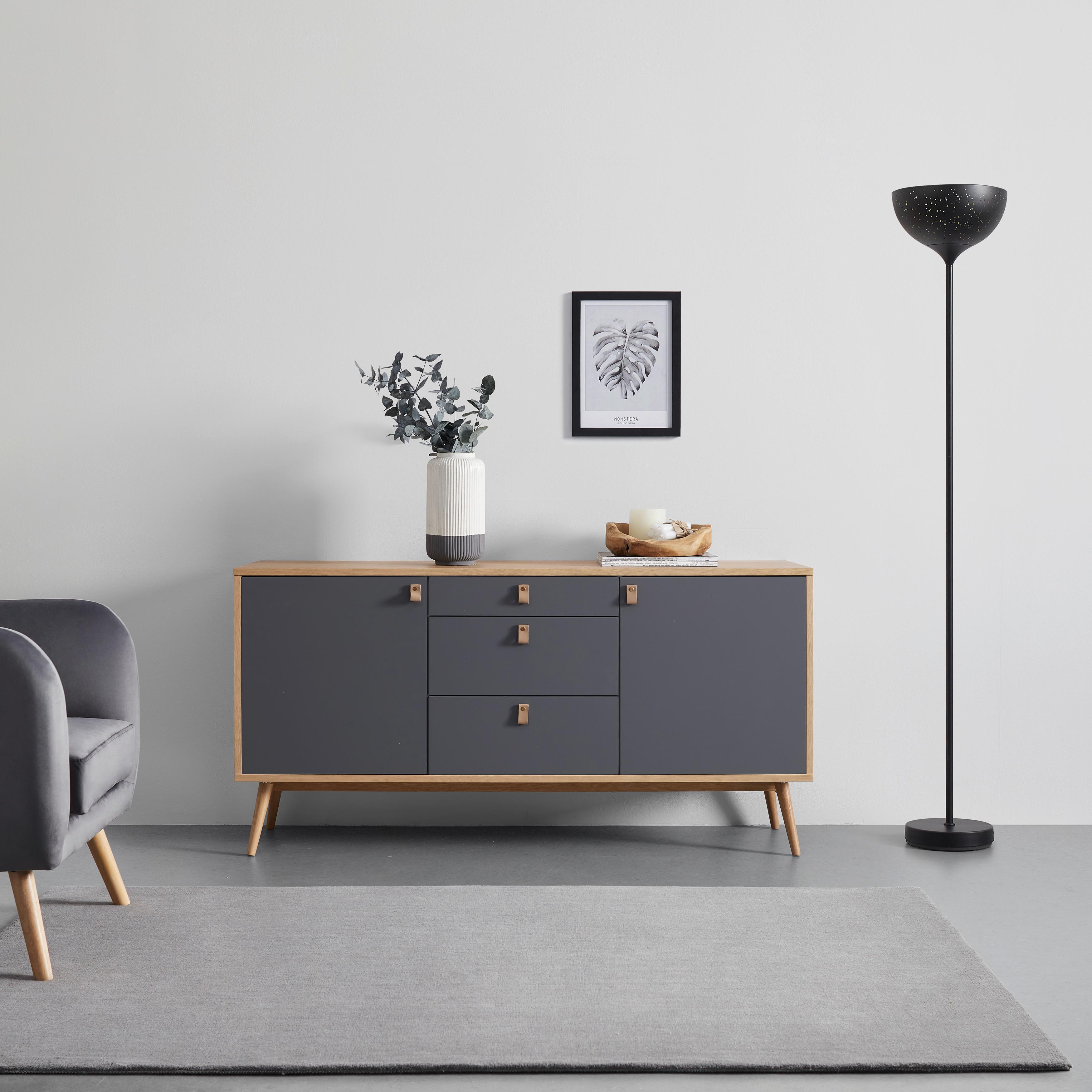 Sideboard Lena Grau/ Eichefarben Echtholz - Hellbraun/Naturfarben, MODERN, Holz/Holzwerkstoff (150/75/40cm) - Bessagi Home