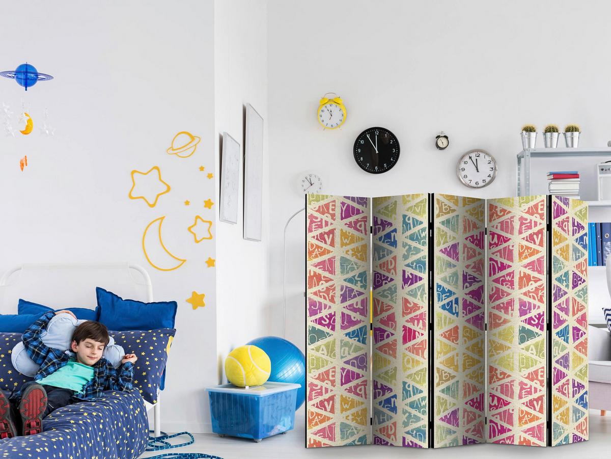 Paravan Letters Nad Triangles I, 5-Delni, Dvostranski - večbarvno/svetlo siva, Basics, tekstil/les (225/172/3cm) - artgeist