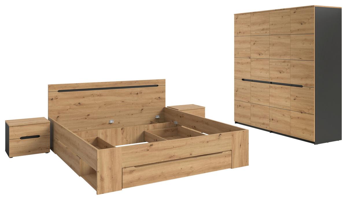 Schlafzimmer 4-teilig Grau, Eiche Artisan - Eiche Artisan/Grau, MODERN, Holzwerkstoff - MID.YOU
