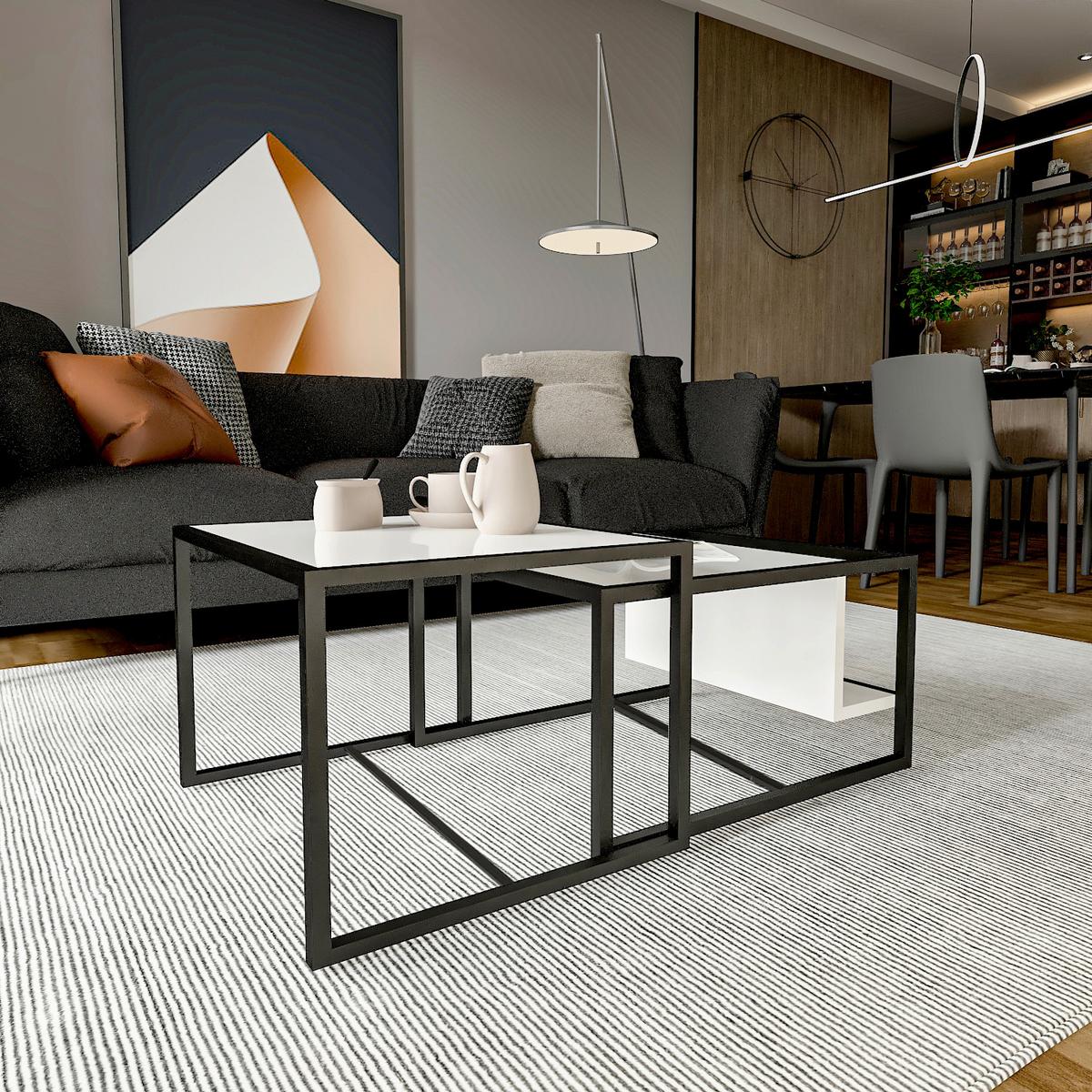 COUCHTISCHSET BATI COUCHTISCH - Weiss/Schwarz, Design, Holzwerkstoff/Metall - Livetastic