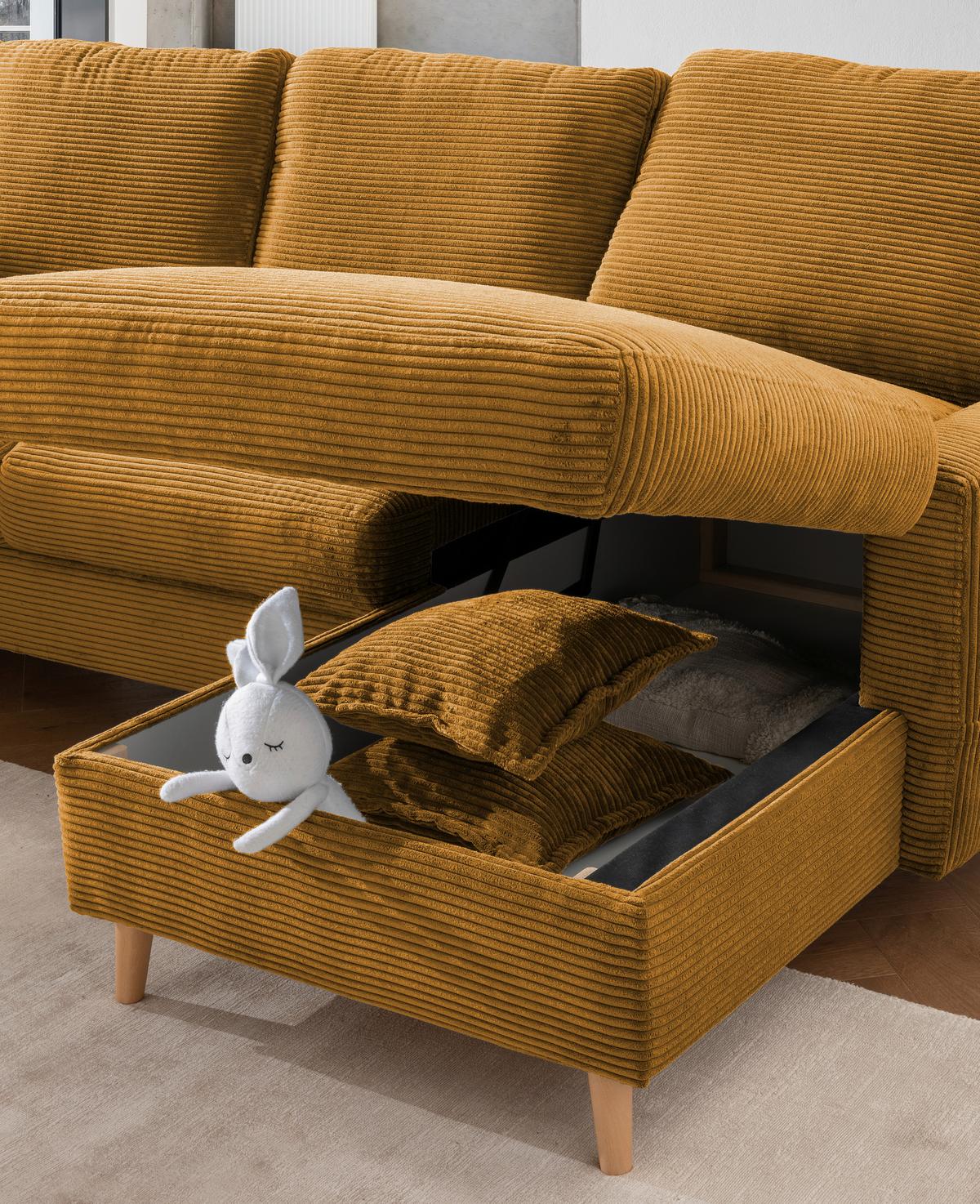 Ecksofa Valentina Cord ca. 228x150 cm Gold - Goldfarben/Naturfarben, Design, Holz/Textil (228/150cm) - P & B