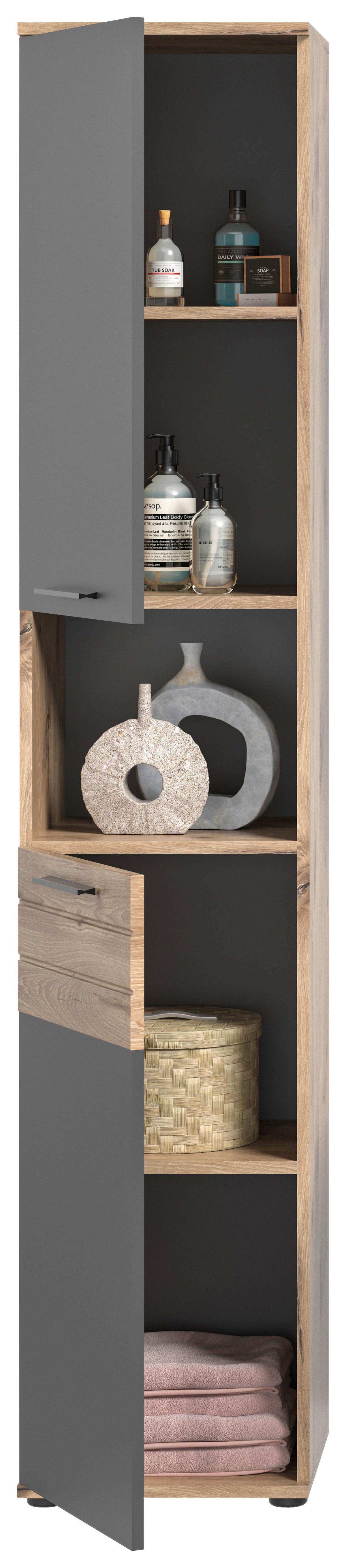 Hochschrank Mason ca. 37x190 cm Eiche/Grau - Eichefarben/Schwarz, MODERN, Holzwerkstoff/Kunststoff (37/190/34cm) - MID.YOU