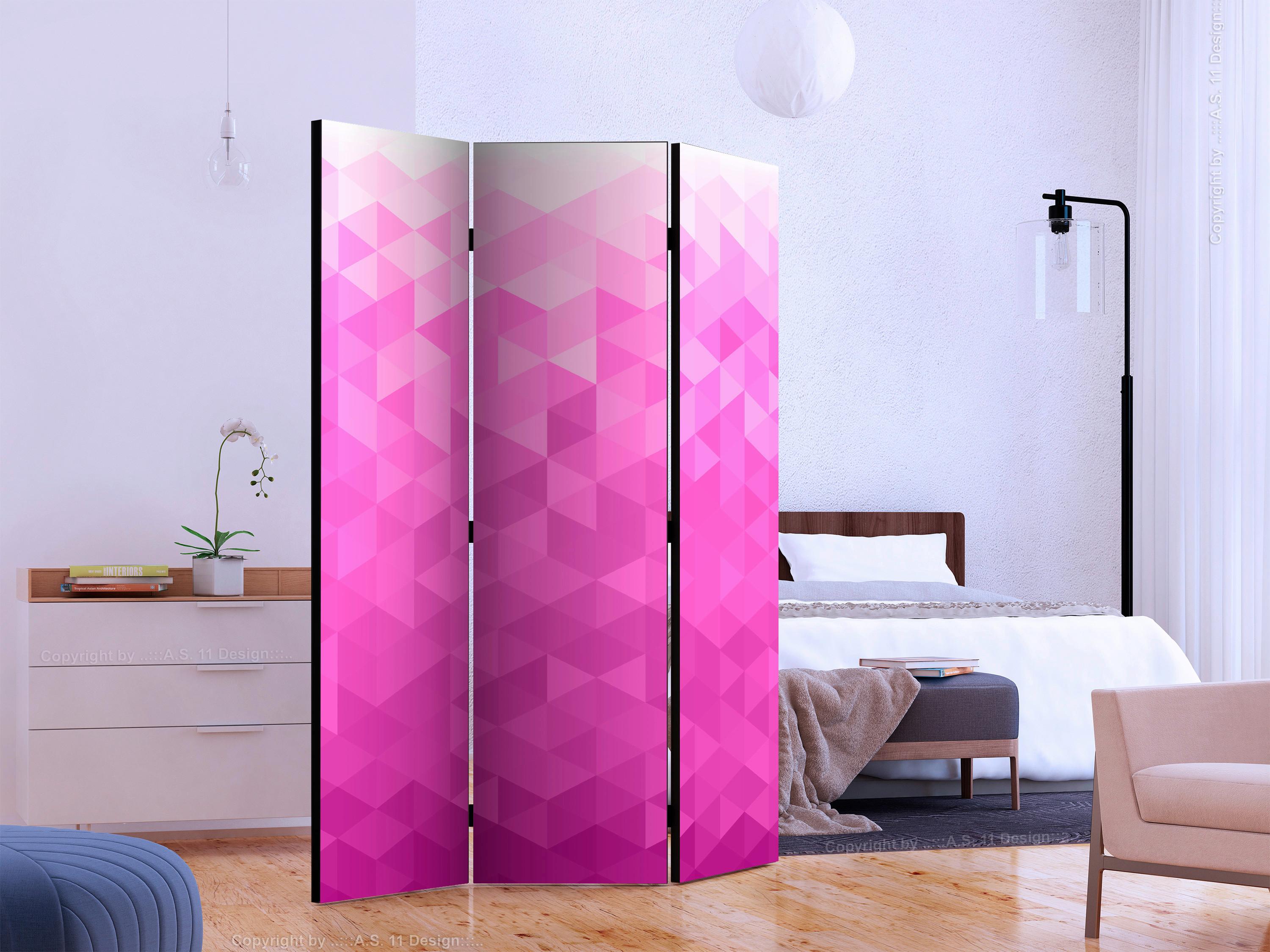 Paravan Pink Pixel, 3-Delni, Dvostranski - pink/bela, Basics, tekstil/les (135/172/3cm) - artgeist