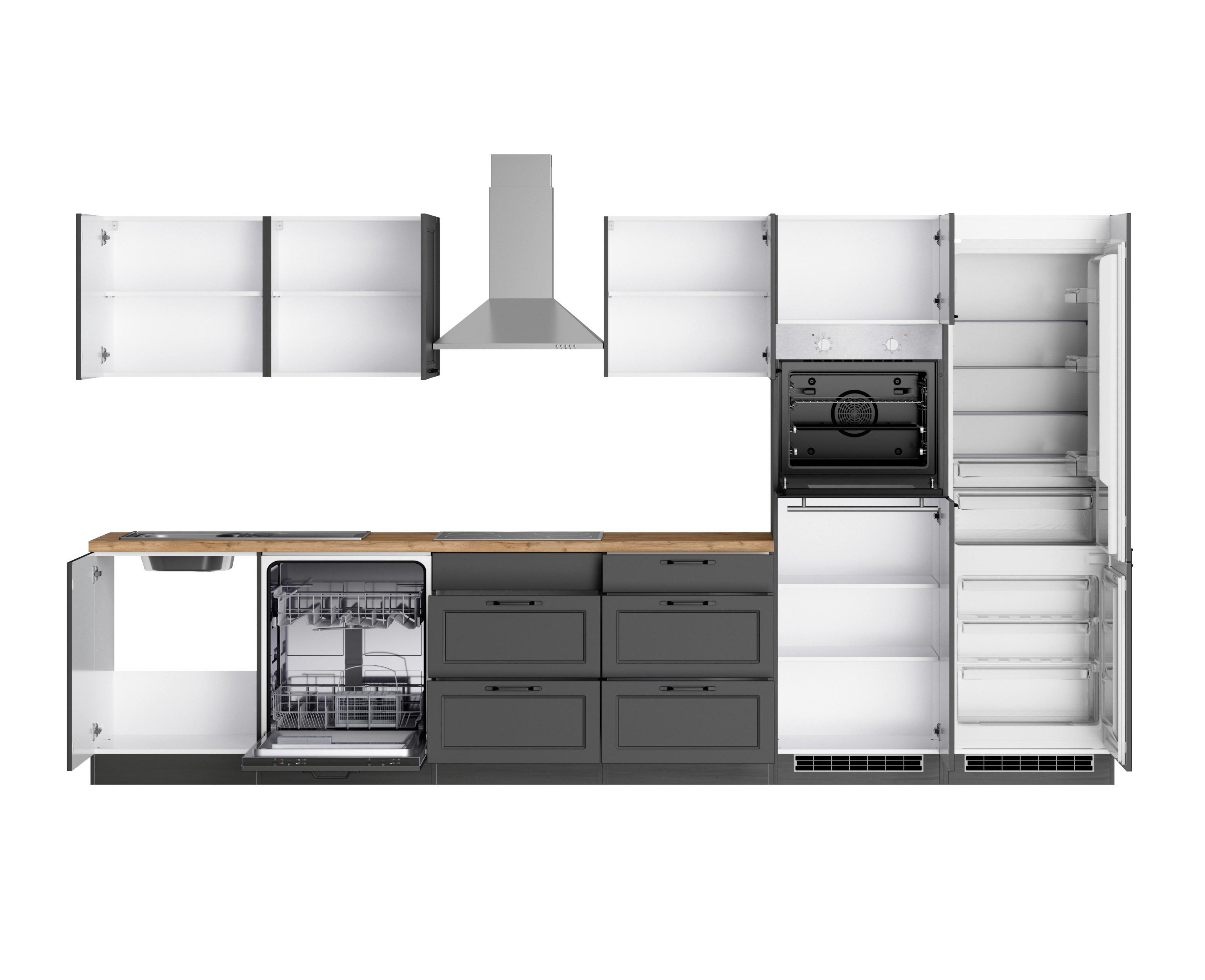 Küchenzeile Meran mit Geräten ca. 360 cm Grau/Eiche Dekor - Eiche Wotan/Schwarz, LIFESTYLE, Holzwerkstoff/Metall (360cm) - Held