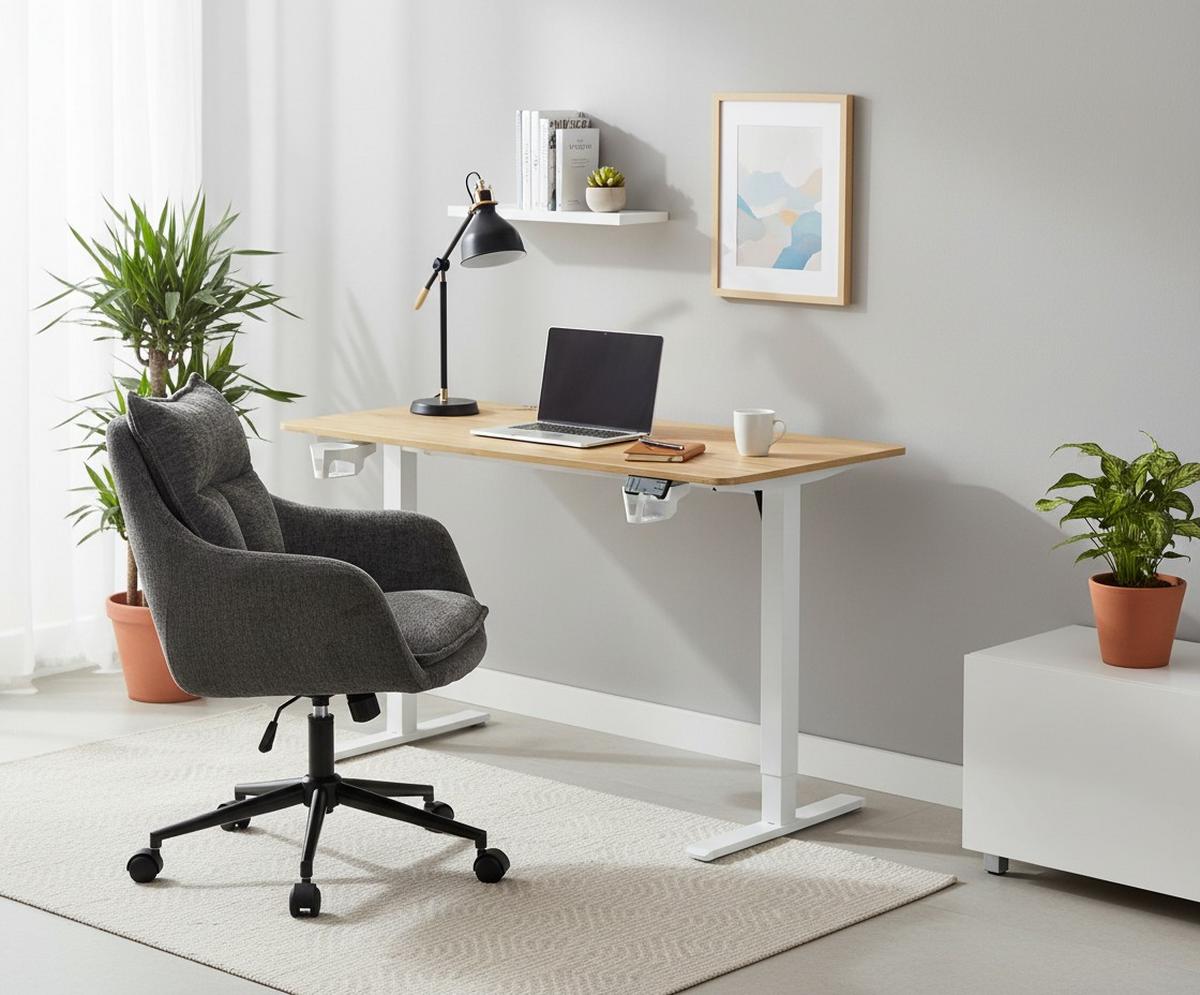 BIURKO PIKA - dąb deskowy/biały, Modern, materiał drewnopochodny/tworzywo sztuczne (120/60/70-115cm) - Livetastic