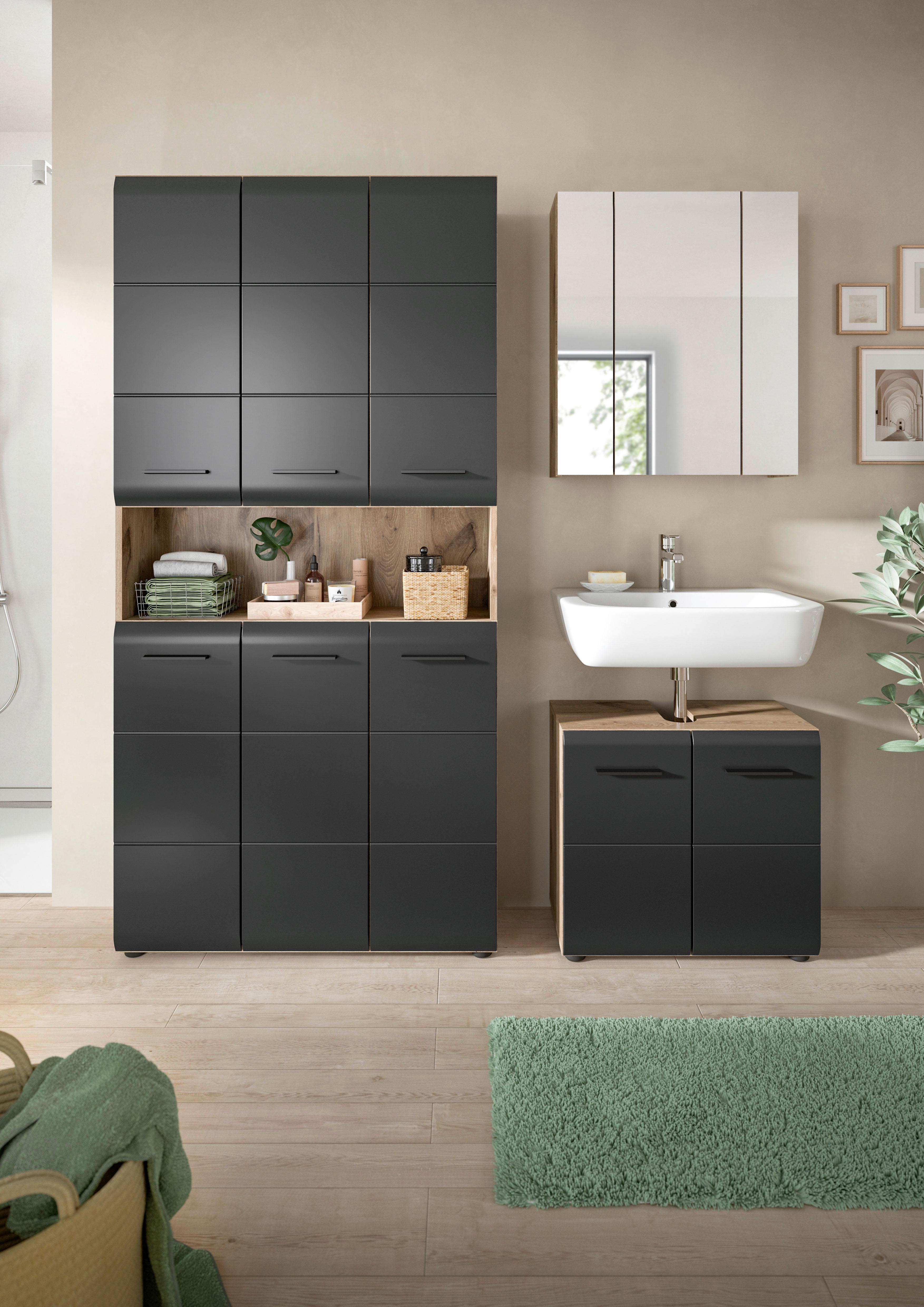 Kopalnica Ice, Črna, Barva Hrasta, 3-Delna - črna/temni hrast, Basics, umetna masa/leseni material (150cm) - MID.YOU