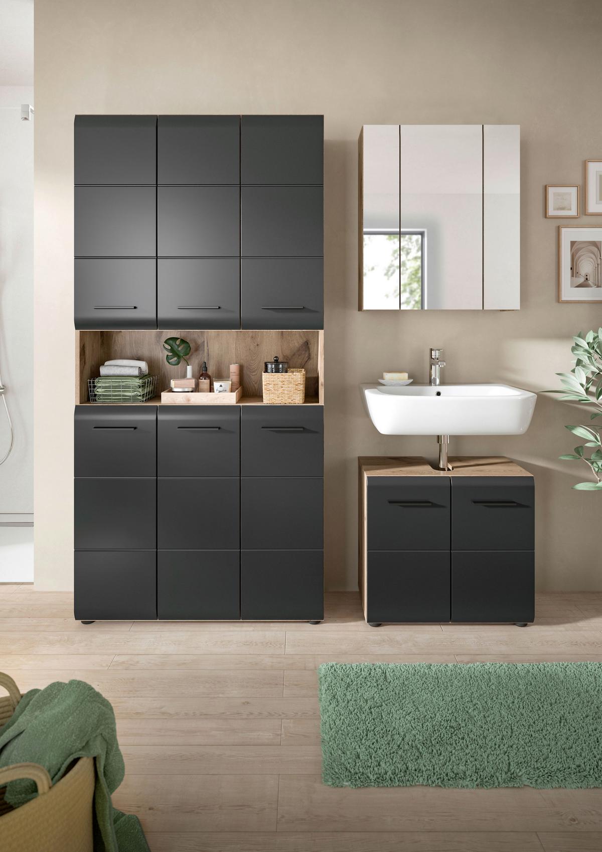 Kopalnica Ice, Črna, Barva Hrasta, 3-Delna - črna/temni hrast, Basics, umetna masa/leseni material (150cm) - MID.YOU