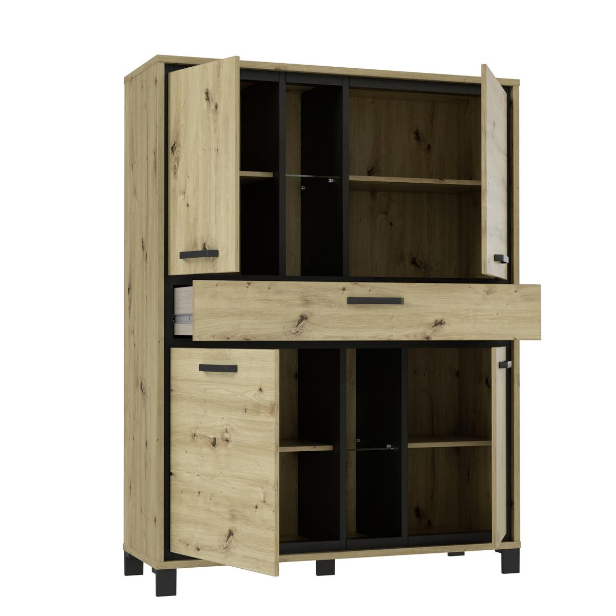 Highboard "Trondheim" , Schwarz, Eiche - Eichefarben/Schwarz, Basics, Glas/Holzwerkstoff (120,4/161/41,5cm) - Livetastic