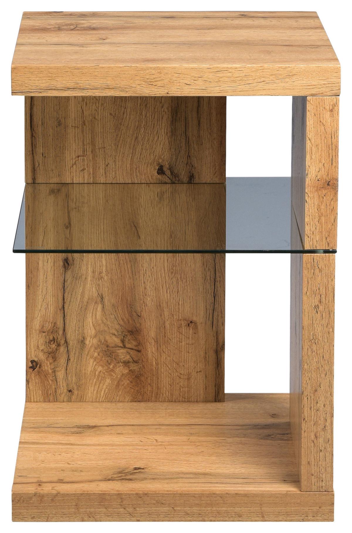 STOLIK BOCZNY DOMINGO - kolor dębowy, Basics, materiał drewnopochodny/szkło (40/40/60cm) - Xora