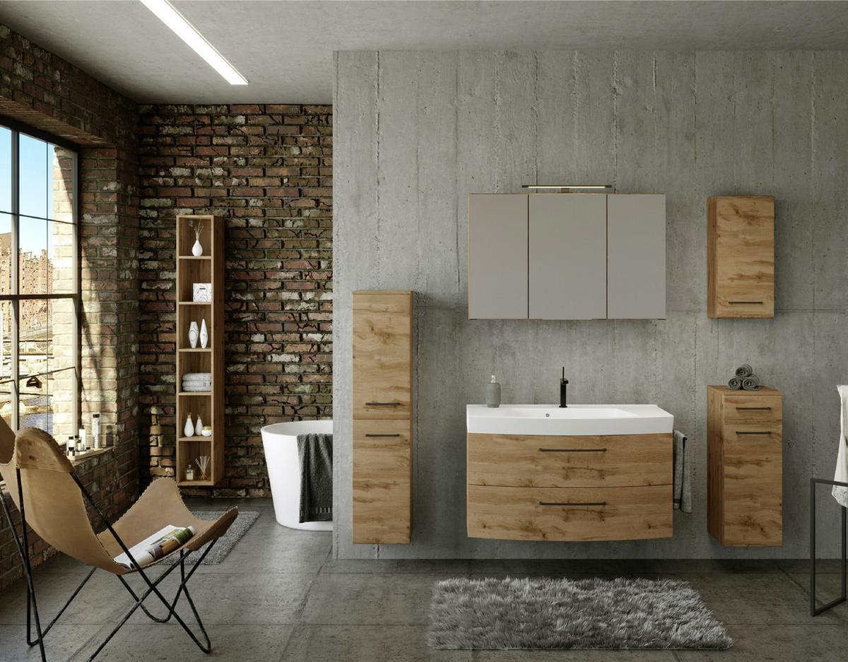 Waschtischkombi ''Manchester'', Eichefarben - Eichefarben/Schwarz, MODERN, Keramik/Holzwerkstoff (100cm) - Held